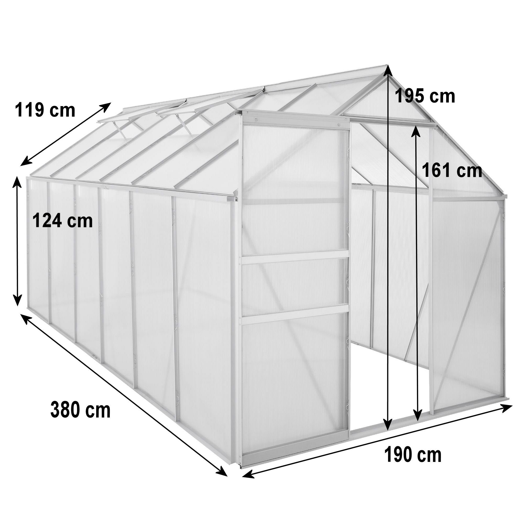 Zelsius Gewächshaus Aluminium Gewächshaus SET, 380 x 190 cm, inkl. Fundament, BxTxH: 190 x 380 x 195 cm, 6.00 mm Wandstärke