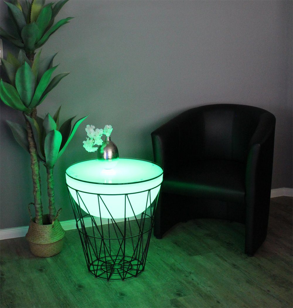 Arnusa Couchtisch LED Beistelltisch beleuchtet rund Korbtisch Metall 50x56 cm, Tisch mit Fernbedienung kabellos nutzbar RGB+W Lounge