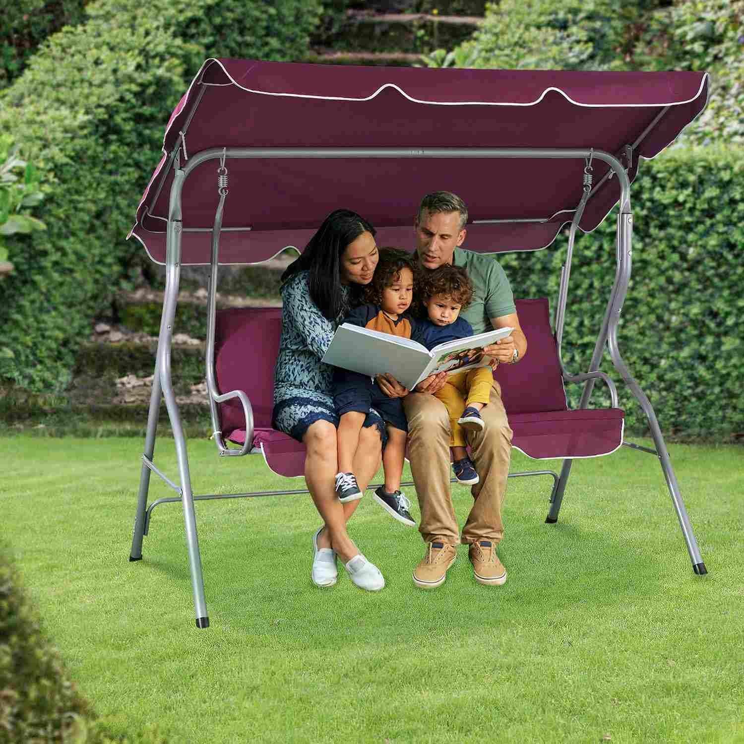 Juskys Hollywoodschaukel Cecina, 3-Sitzer, bis 200 kg, mit Dach und Sitzauflage, für Garten und Terrasse