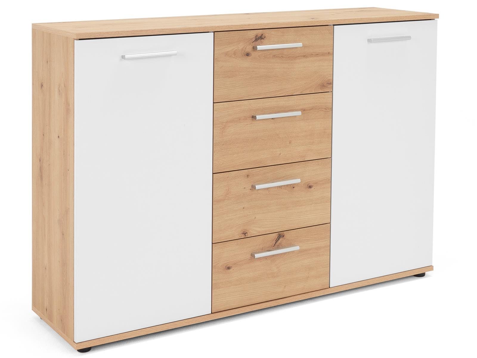 möbelando Sideboard Jacklin, Modernes Sideboard aus Spanplatte in Artisan Eiche Nachbildung /Weiß mit 4 Schubkästen und 2 Türen dahinter je 1 Boden. Breite 120 cm, Höhe 85 cm, Tiefe 35 cm