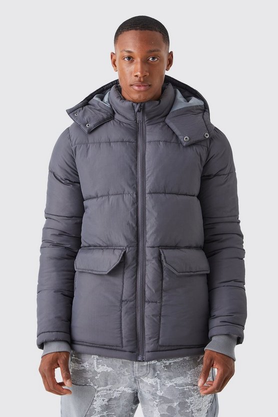 Mittellange Steppjacke mit Kontrast-Kapuze