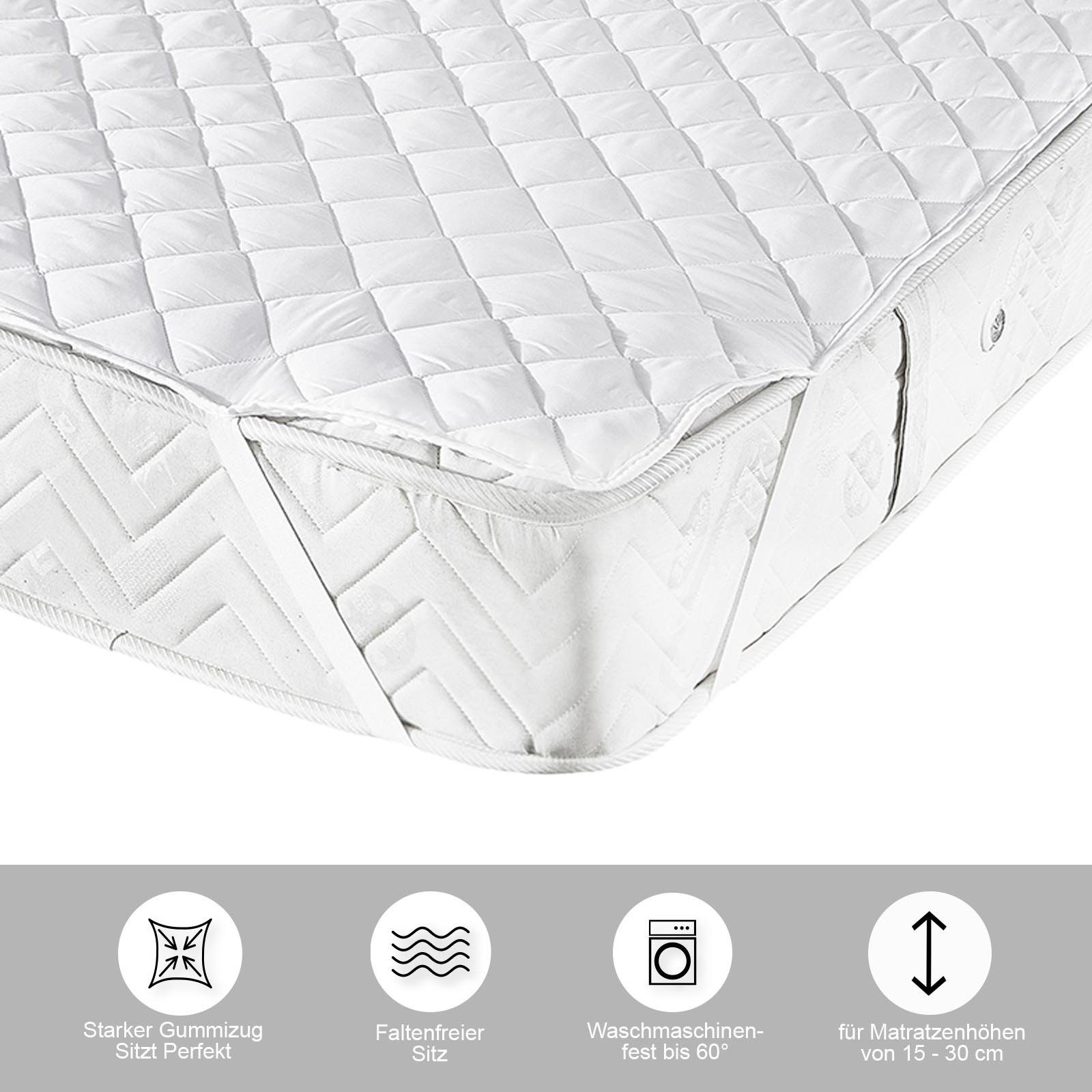 Matratzenauflage Buymax, Atmungsaktive leichte Matratzenauflage Topper Matratzenschoner für Bett und Boxspringbett mit Quadratsteppung aus Microfaser, Weiß
