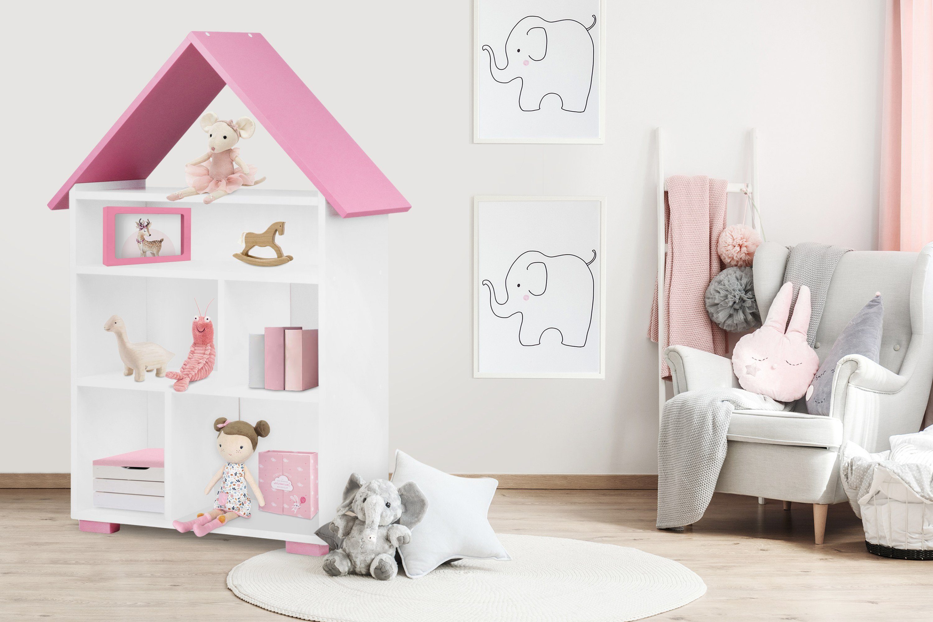 Konsimo Kinderregal PABIS Kinder Bücherregal Hausform, geräumig, in Pastellfarben, ABS-Kanten