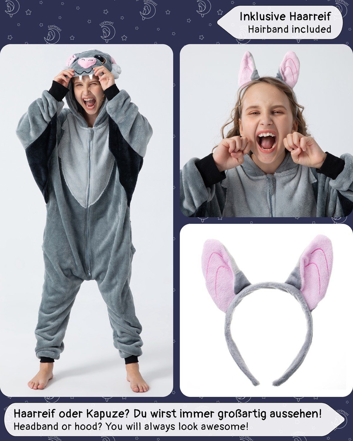 Corimori Jumpsuit Flauschiges Fledermaus-Kostüm für Kinder (2-tlg) mit Haarreif, Halloween, Fasching, Verkleidung, Vampir-Fledermaus