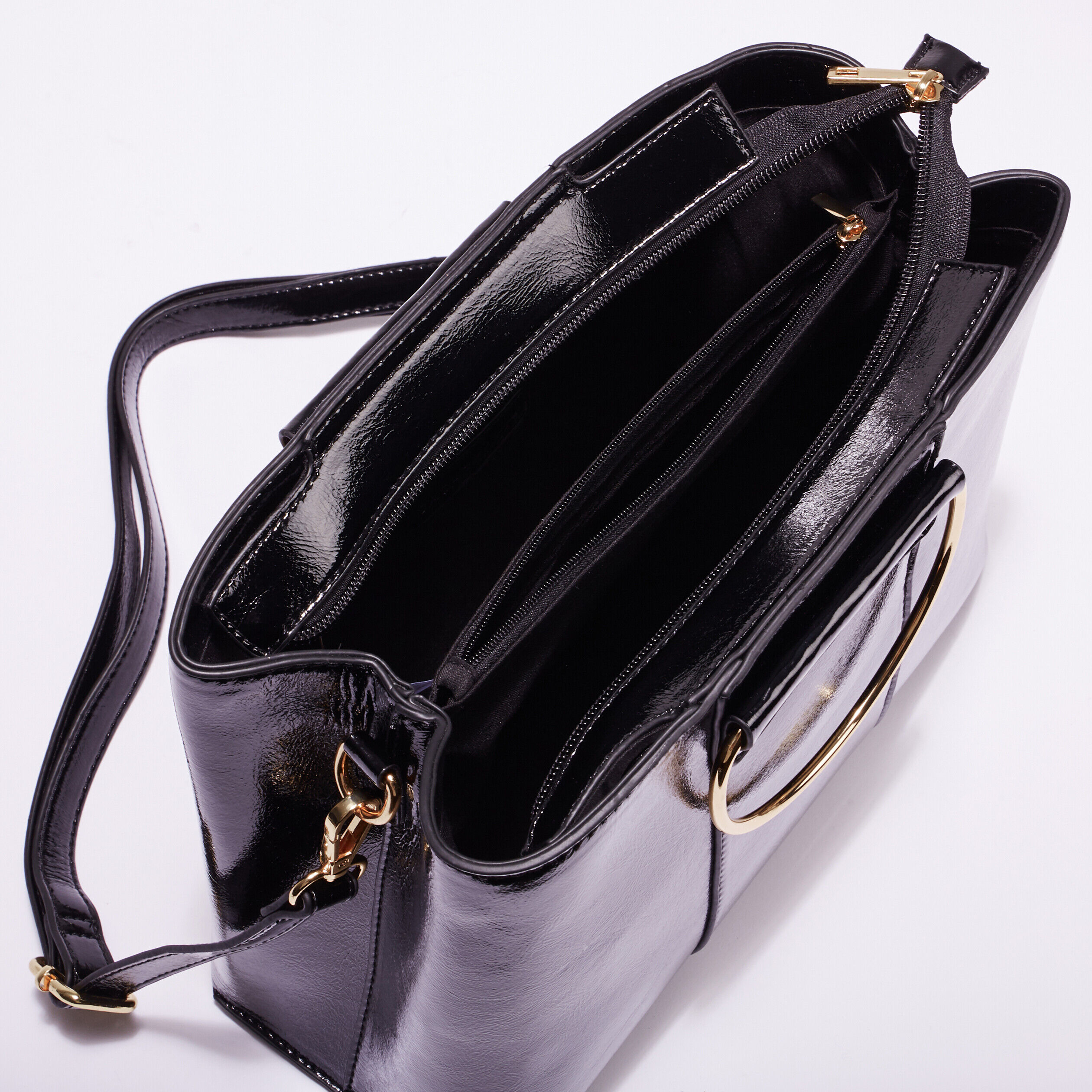 Sac carré vernis anses anneaux noir femme | Cache Cache