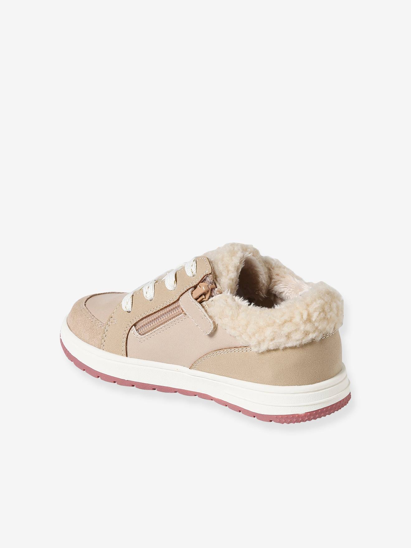 Baskets fourrées lacées et zippées fille beige