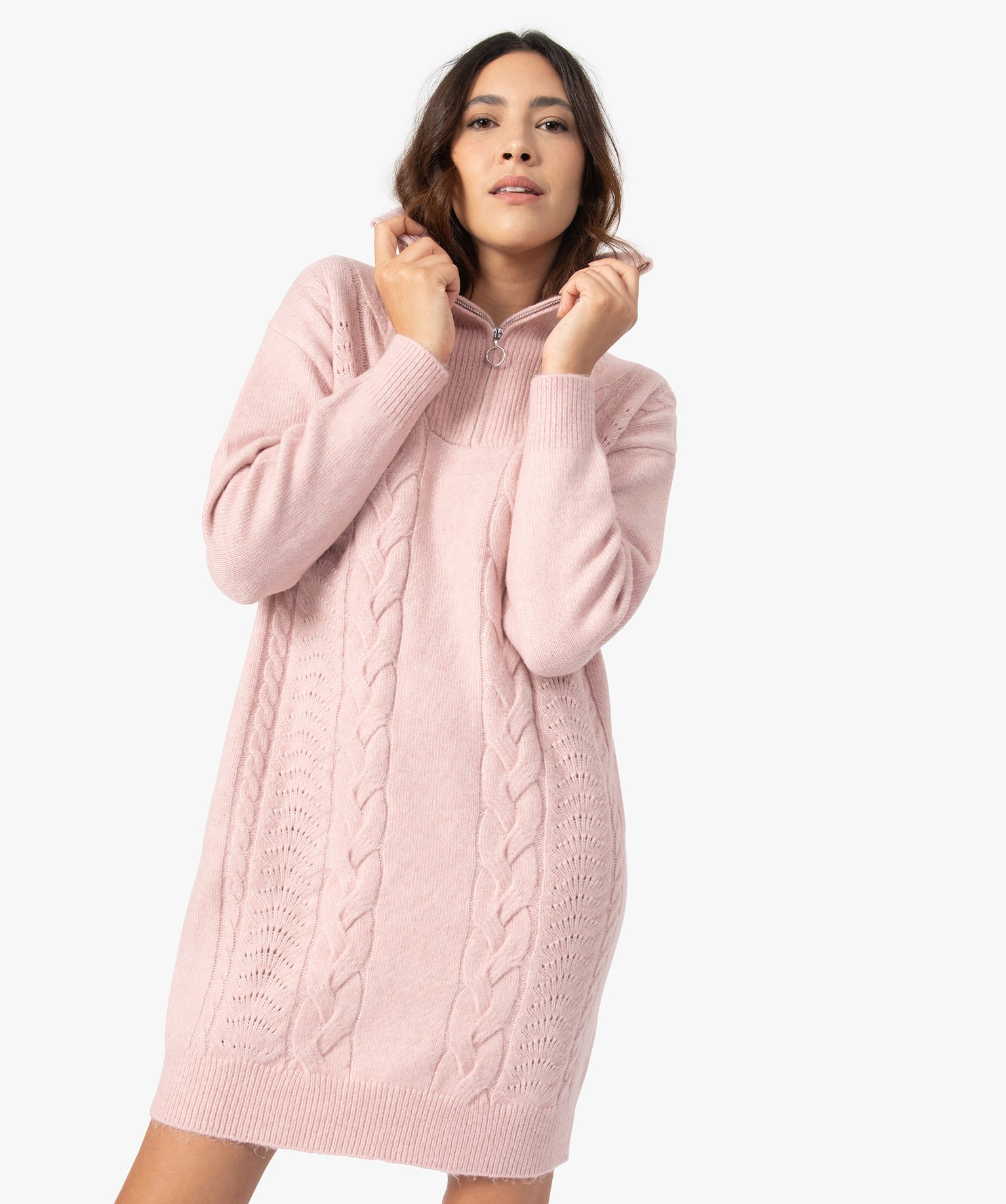 Robe pull femme en maille fantaisie avec col camionneur rose | GEMO