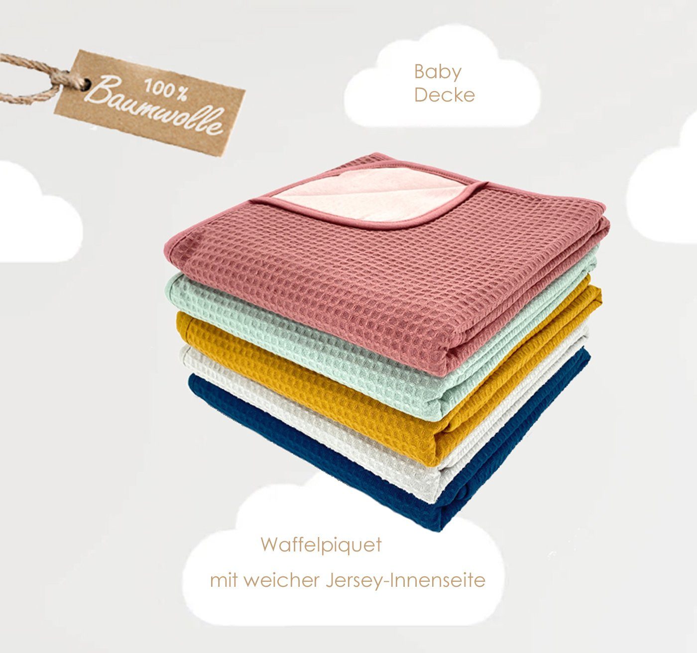 Babydecke Baby Kuscheldecke Waffelpique Jersey Decke Geburt, heimtexland, für Babybett Kinderwagen I 100% Baumwolle I schadstofffrei