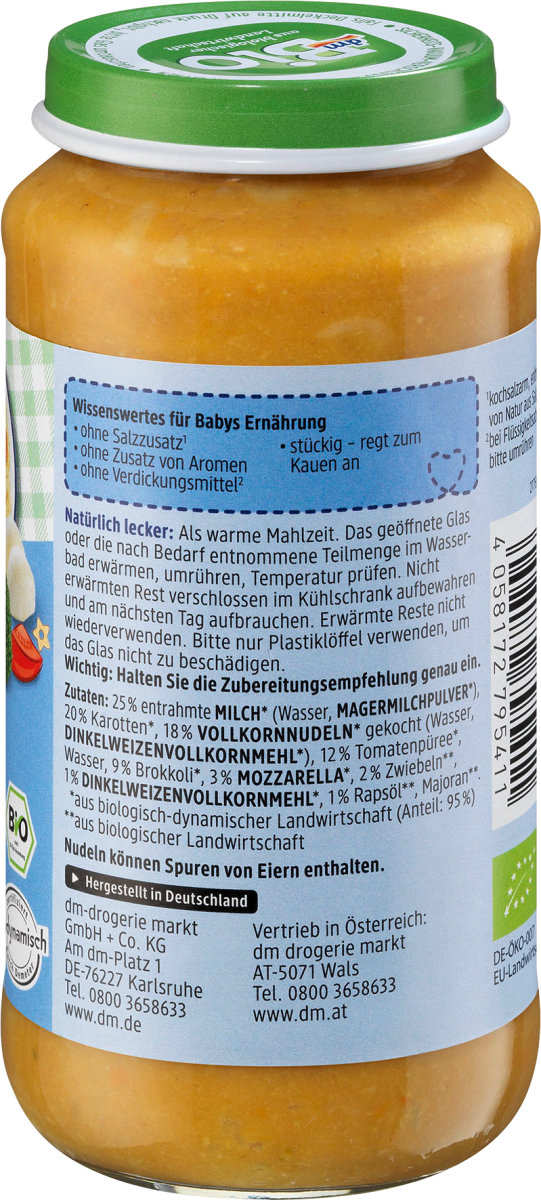 Menü Gemüse mit Dinkelnudeln und Mozzarella ab dem 12. Monat, Demeter, 250 g