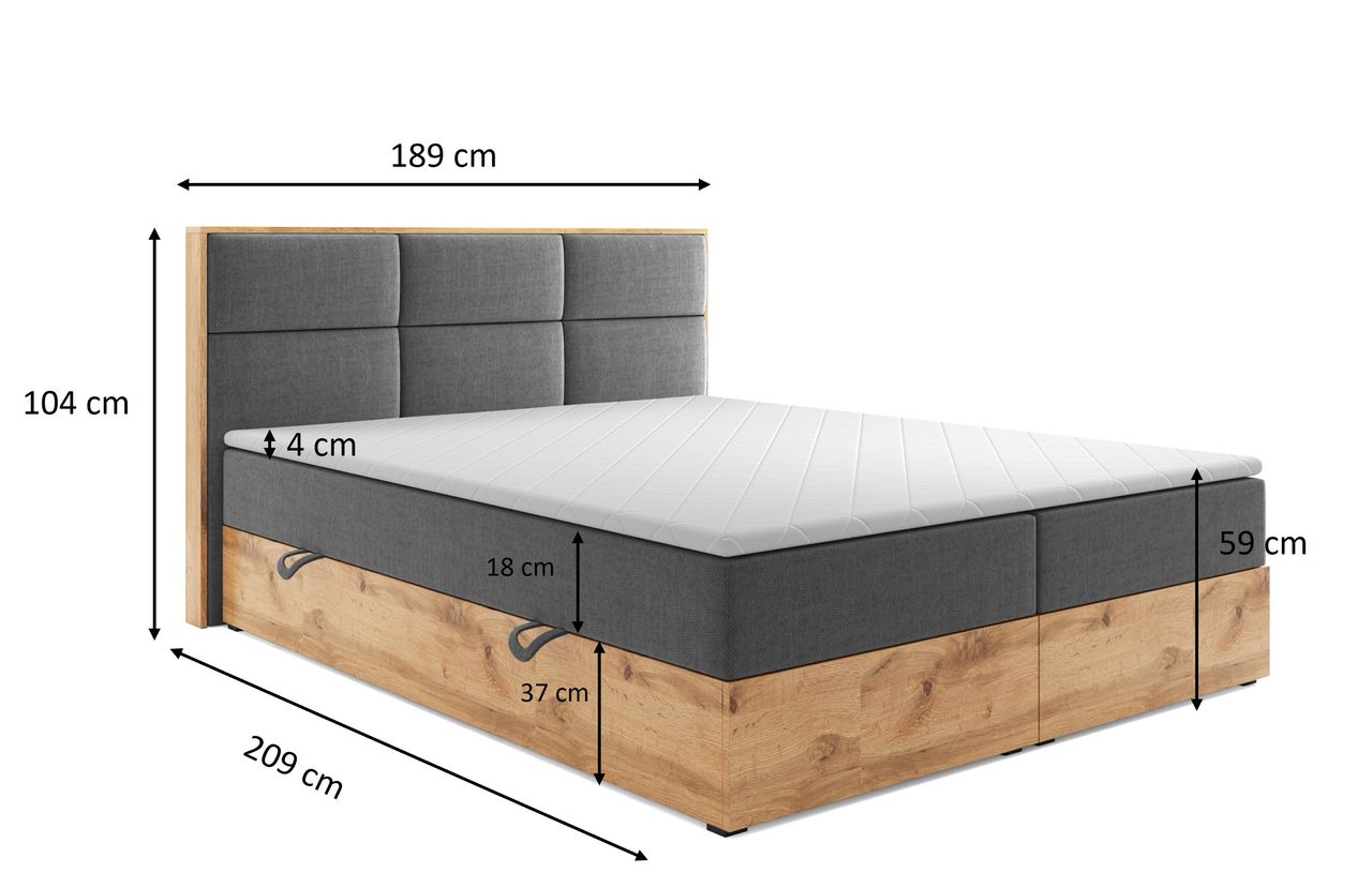 Möbel Punkt Boxspringbett LISSABON Eiche Holz mit Bettkasten 180 x 200 cm Webstoff Schwarz Anthrazit