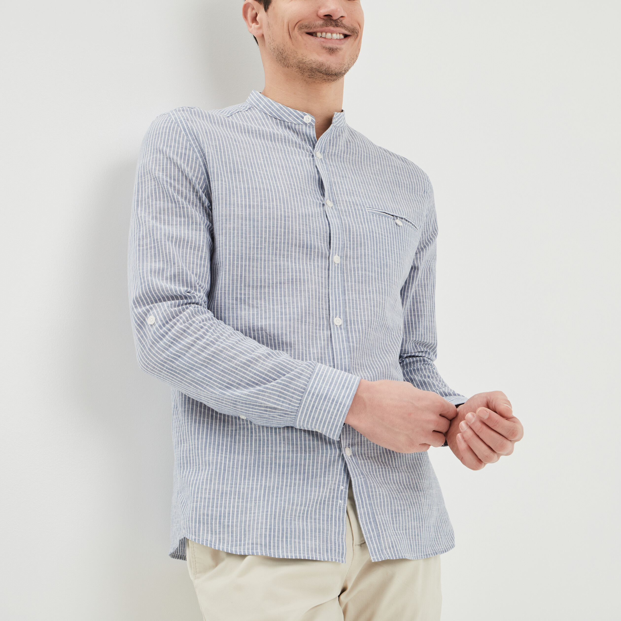 Chemise manches longues col mao coton gris clair homme | La Halle