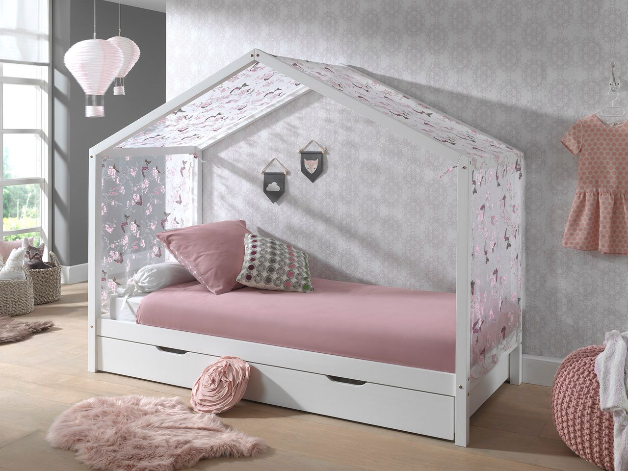 VIPACK Dallas 3 Hausbett 90 x 200 cm Liegefläche inkl. Bettschublade und Textilhimmel, Weiß