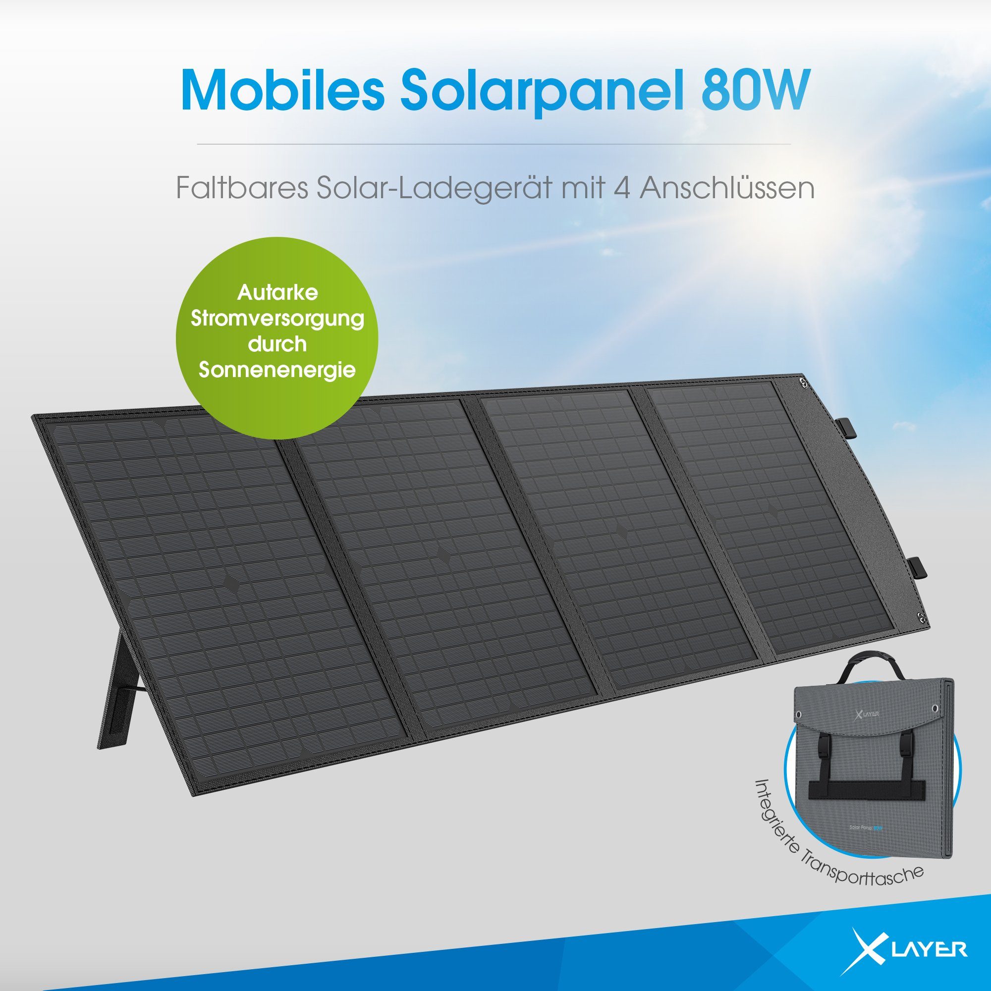 XLAYER Solarmodul Solarpanel 80W faltbar tragbar mobile Stromversorgung USB-C Notstrom, 80.0 W, (Set, 1-St)