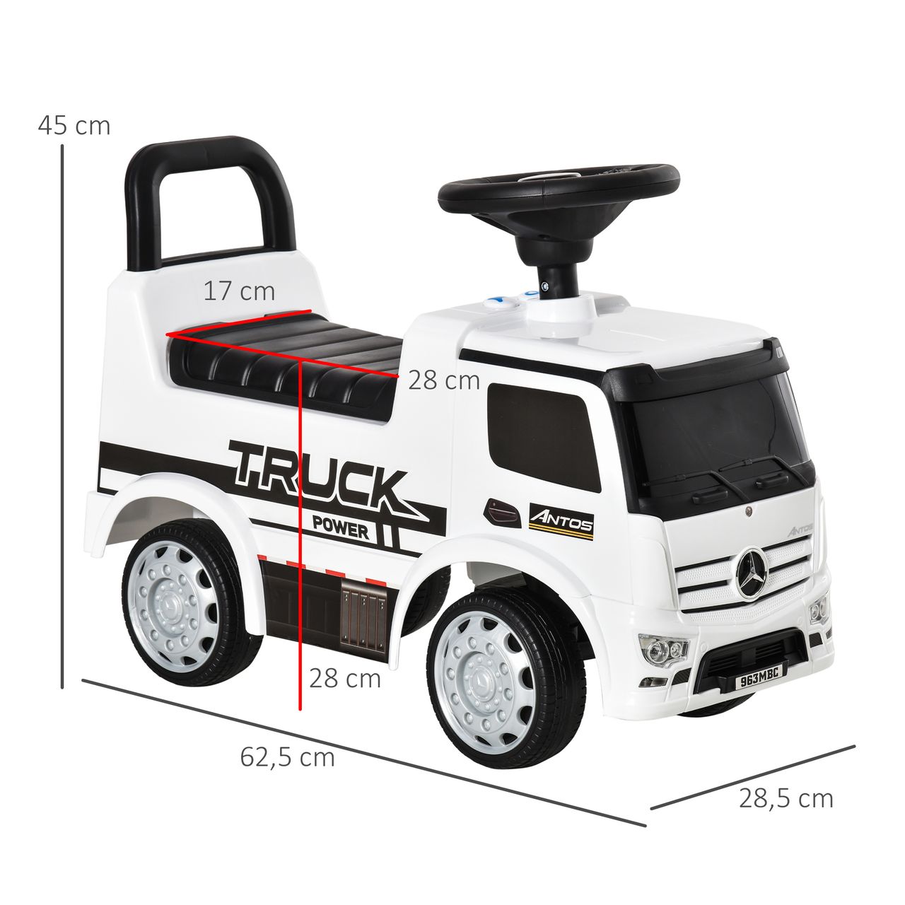 HOMCOM Rutscherfahrzeug Rutscherauto Babyrutscher Kinderfahrzeug lizenziert von Mercedes ANTOS-LKW-Stil mit Licht für Kinder von 12 bis 36 Monaten Metall PP-Kunststoff Weiß Schwarz 62,5x28,5x45cm