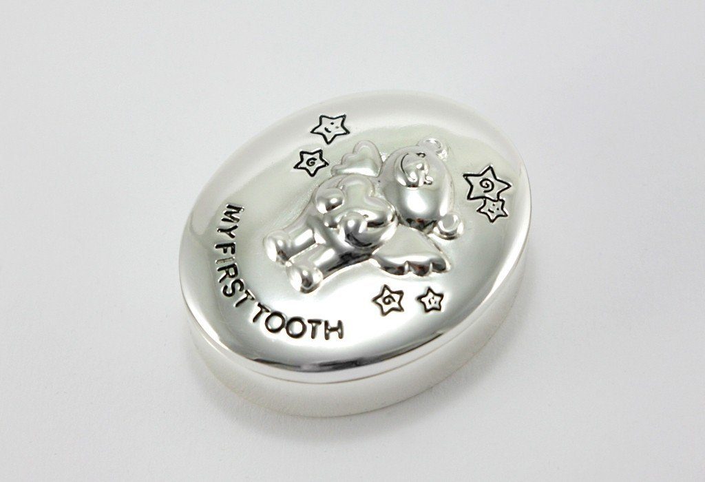 Brillibrum Zahndose Milchzahndose Bärchen-Motiv Tauf-Geschenk Baby Zahnbox Versilbert