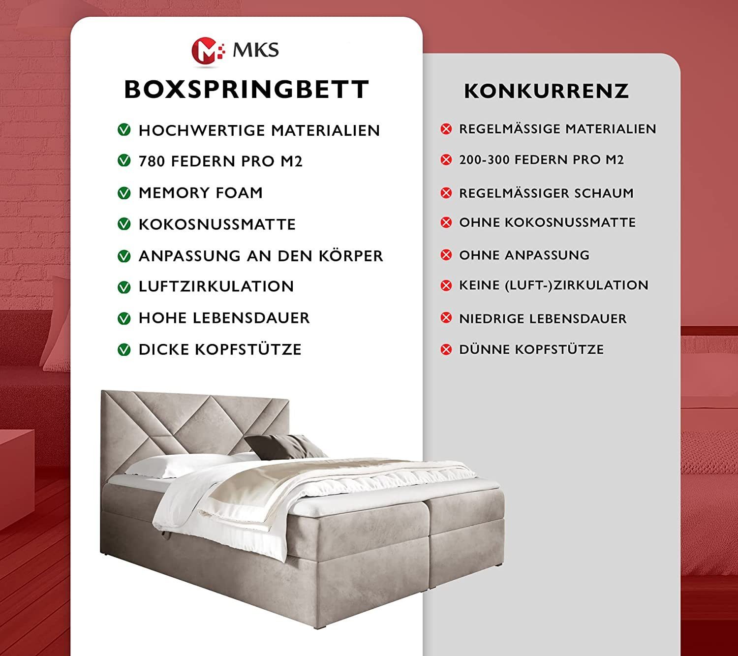 MKS MÖBEL Boxspringbett STELLE 6, Doppelbett, Multipocket-Matratze