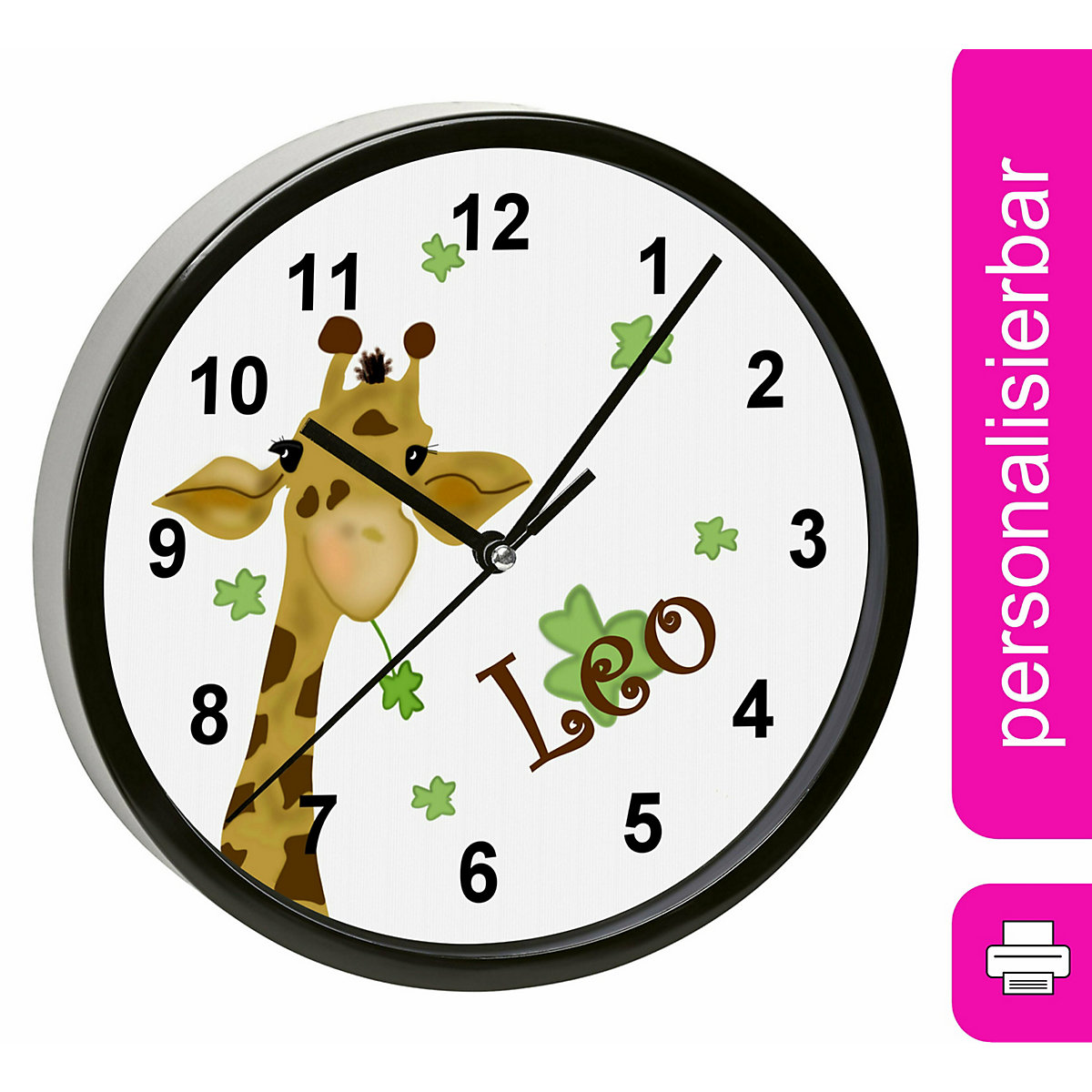 Kinder Wanduhr laufruhig personalisiert mit Name Giraffe