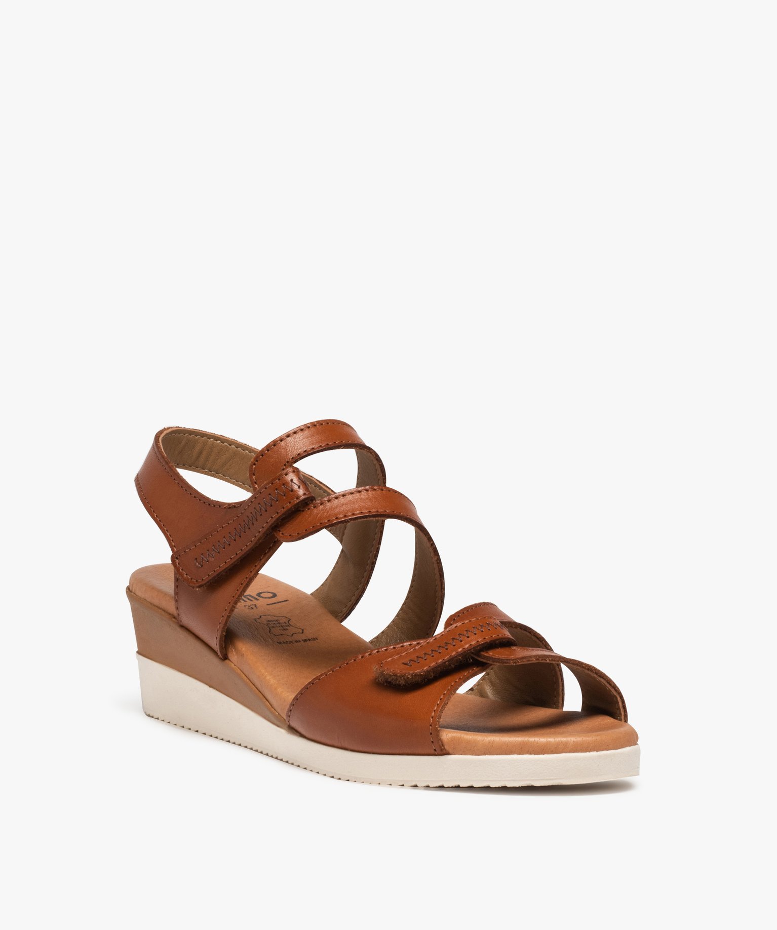 Sandales femme compensées à brides scratch en cuir camel | GEMO