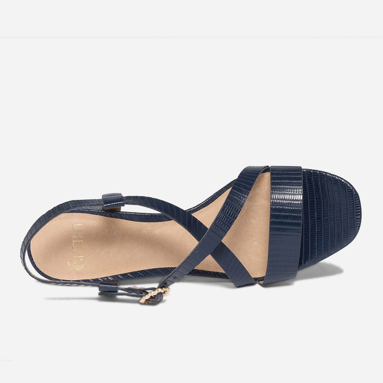 Sandale à talon marine en cuir embossé effet python