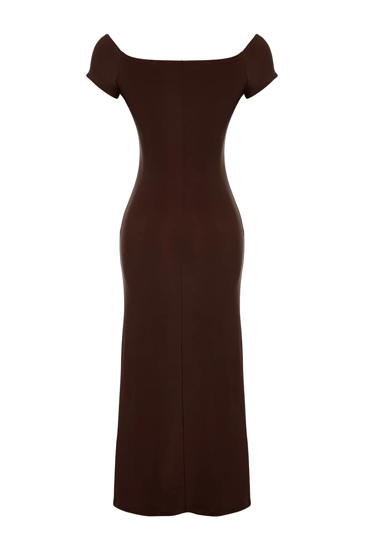 Trendyol Collection  Braunes tailliertes/tailliertes flexibles Strick-Maxi-Bleistiftkleid mit Carmen-Kragen TWOSS24EL00096