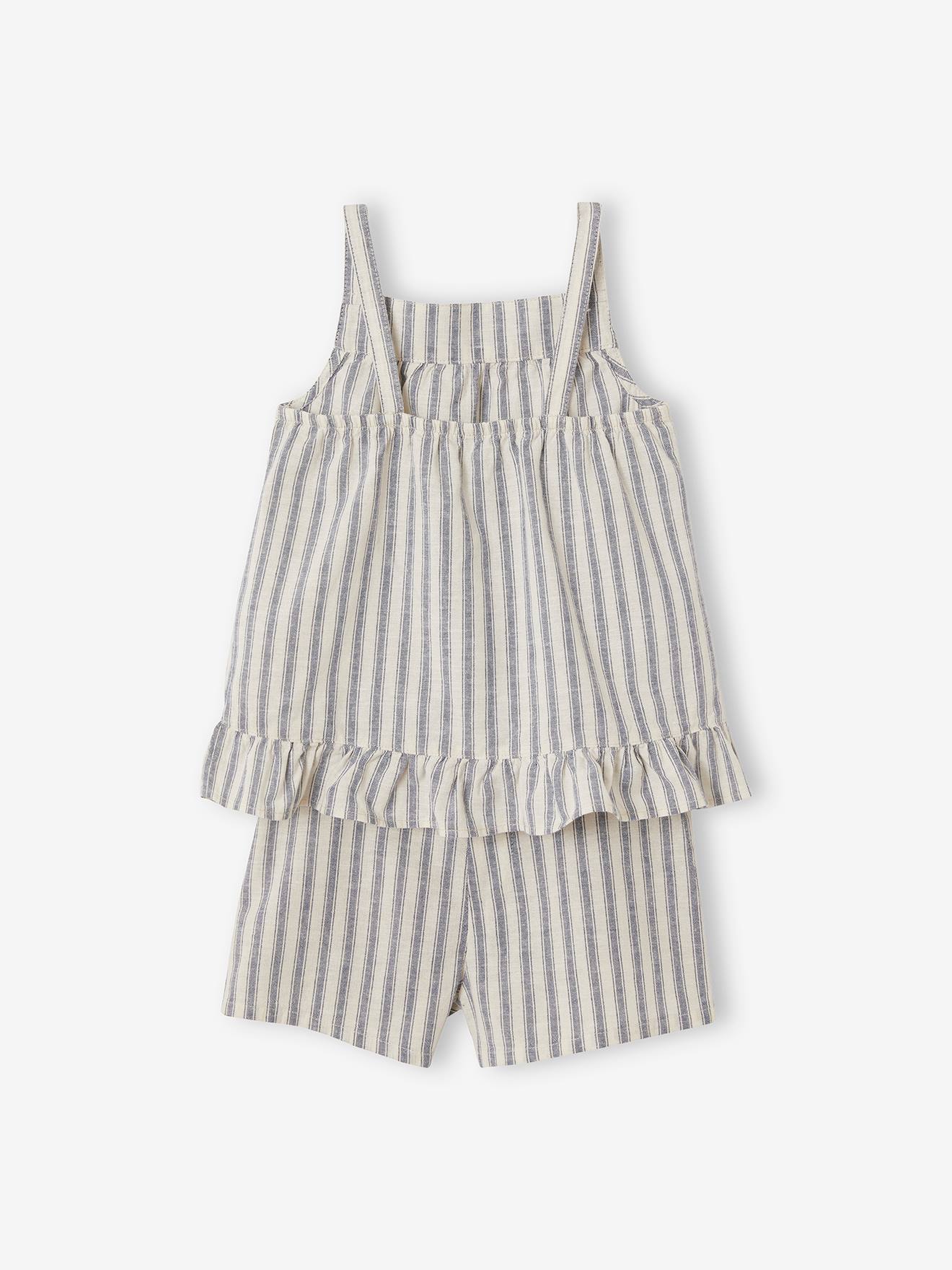 Ensemble rayé fille débardeur volanté et short assorti écru rayé