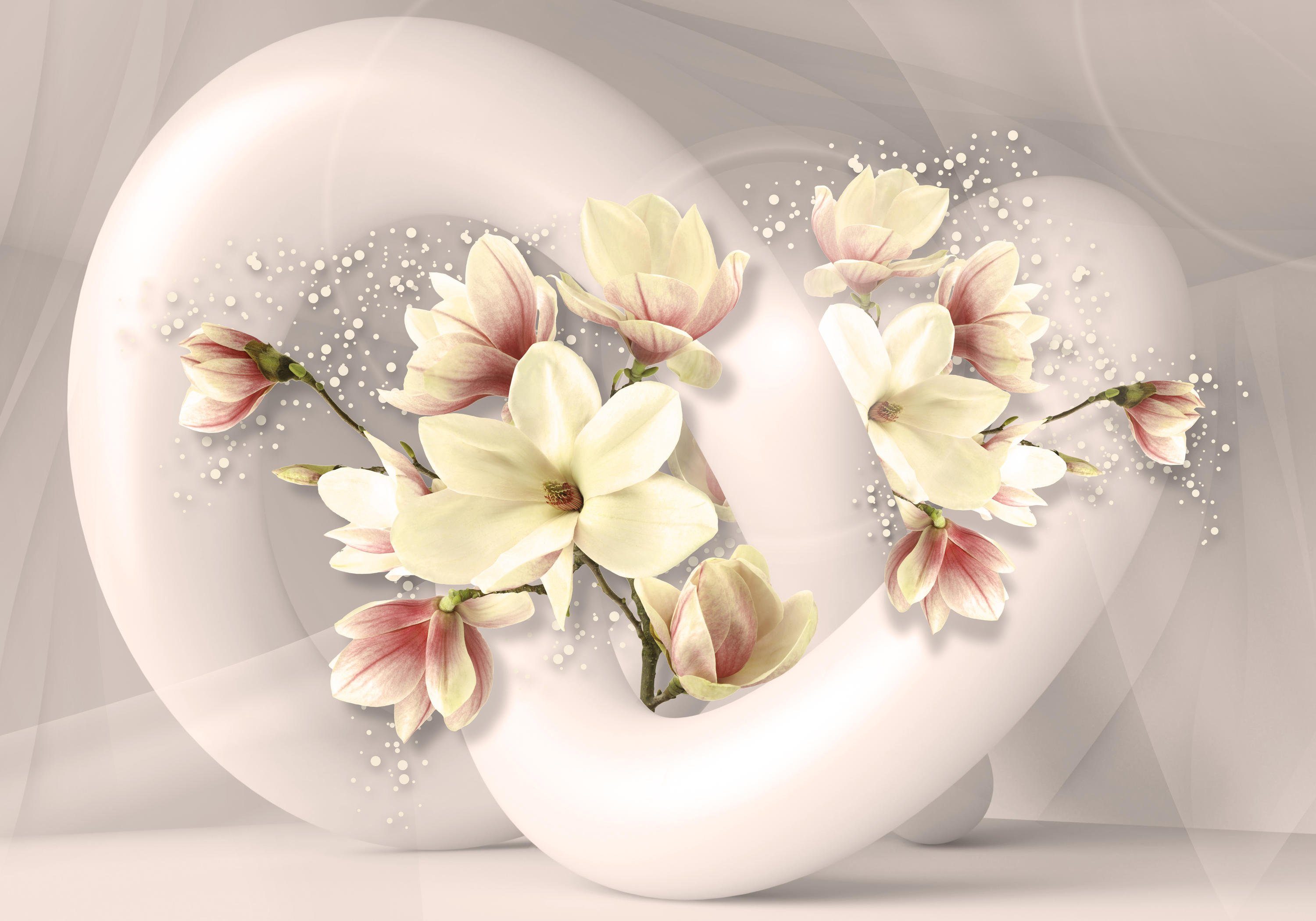 wandmotiv24 Fototapete 3D Form rot Blumen kreis Raum weiss, glatt, Wandtapete, Motivtapete, matt, Vliestapete