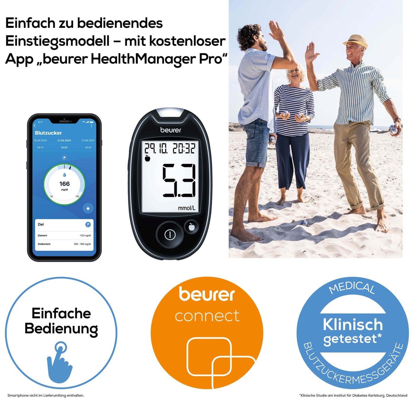 Beurer Blutzuckermessgerät GL 44 White mmol/L-Blutzuckermessgerät mit Blutmengenkontrolle & App-Anbindung