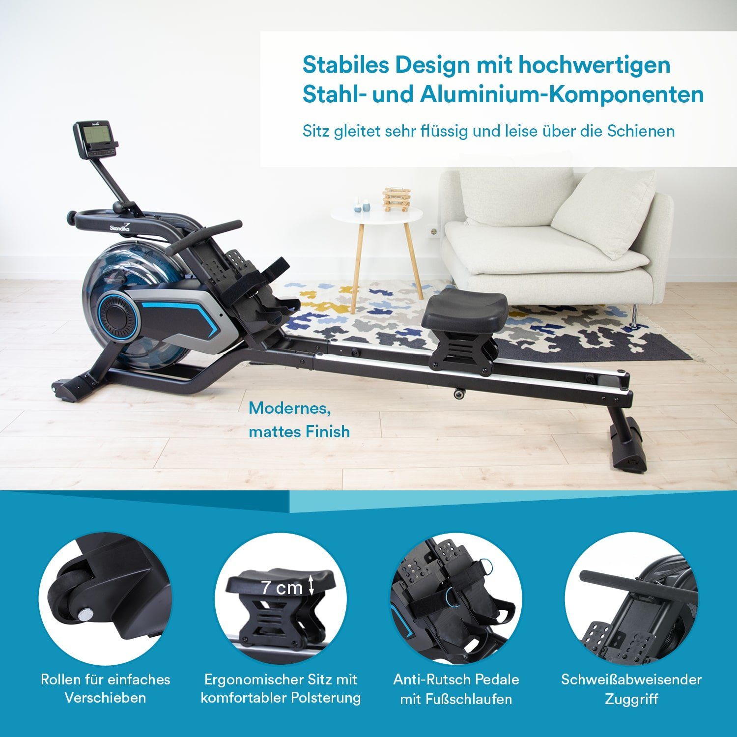 Skandika Rudergerät Nemo V (schwarz), Wasser Rudergerät für Zuhause, mit Wasserwiderstand