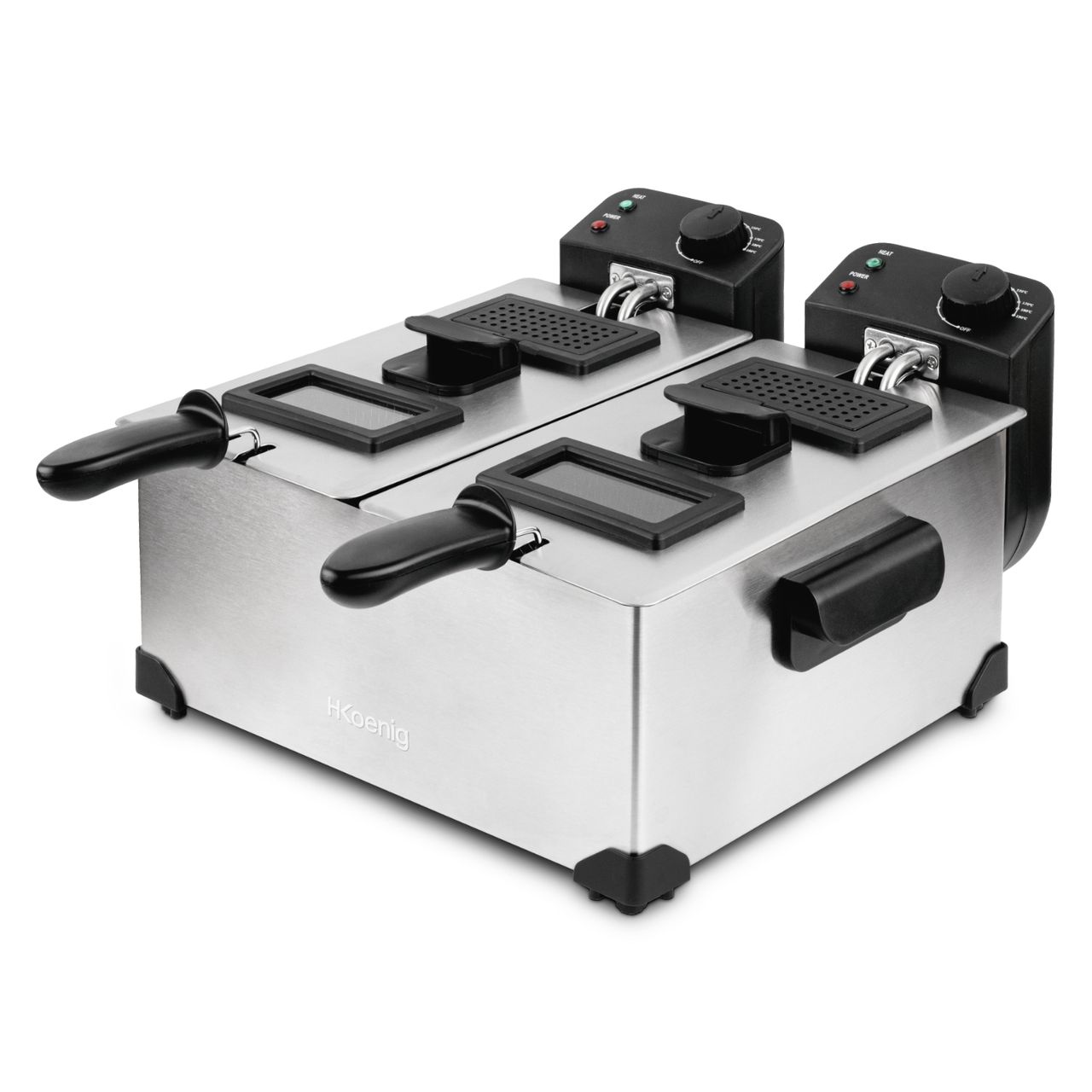 H.Koenig DFX600 Fritteuse aus Edelstahl, Doppelbecken, 2 unabhängige Thermostate je 3L, herausnehmbare spülmaschinenfeste Körbe, Geruchsfilter, Überhitzungsschutz
