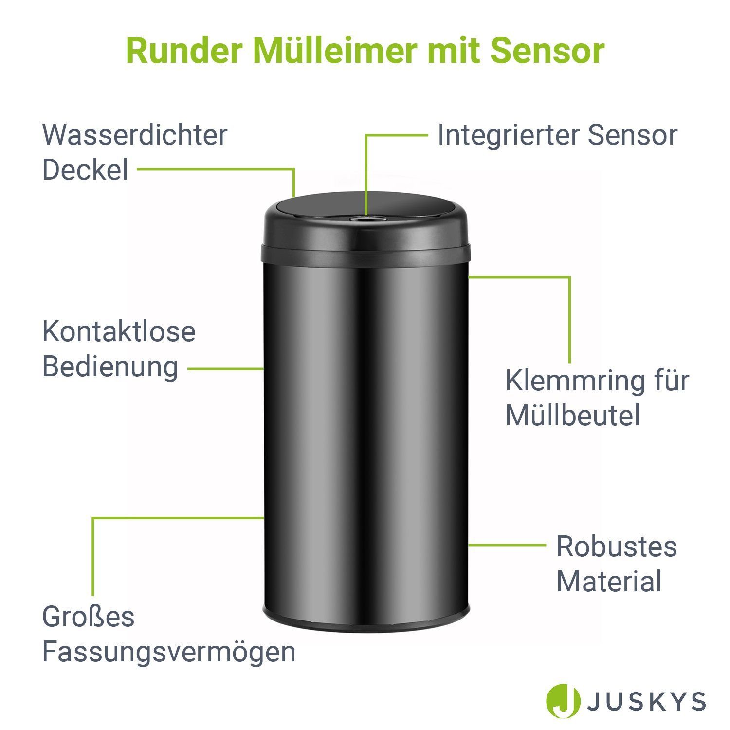 Juskys Mülleimer, 40 L Volumen, mit Sensor, geräuscharmes Öffnen / Schließen, rostfrei