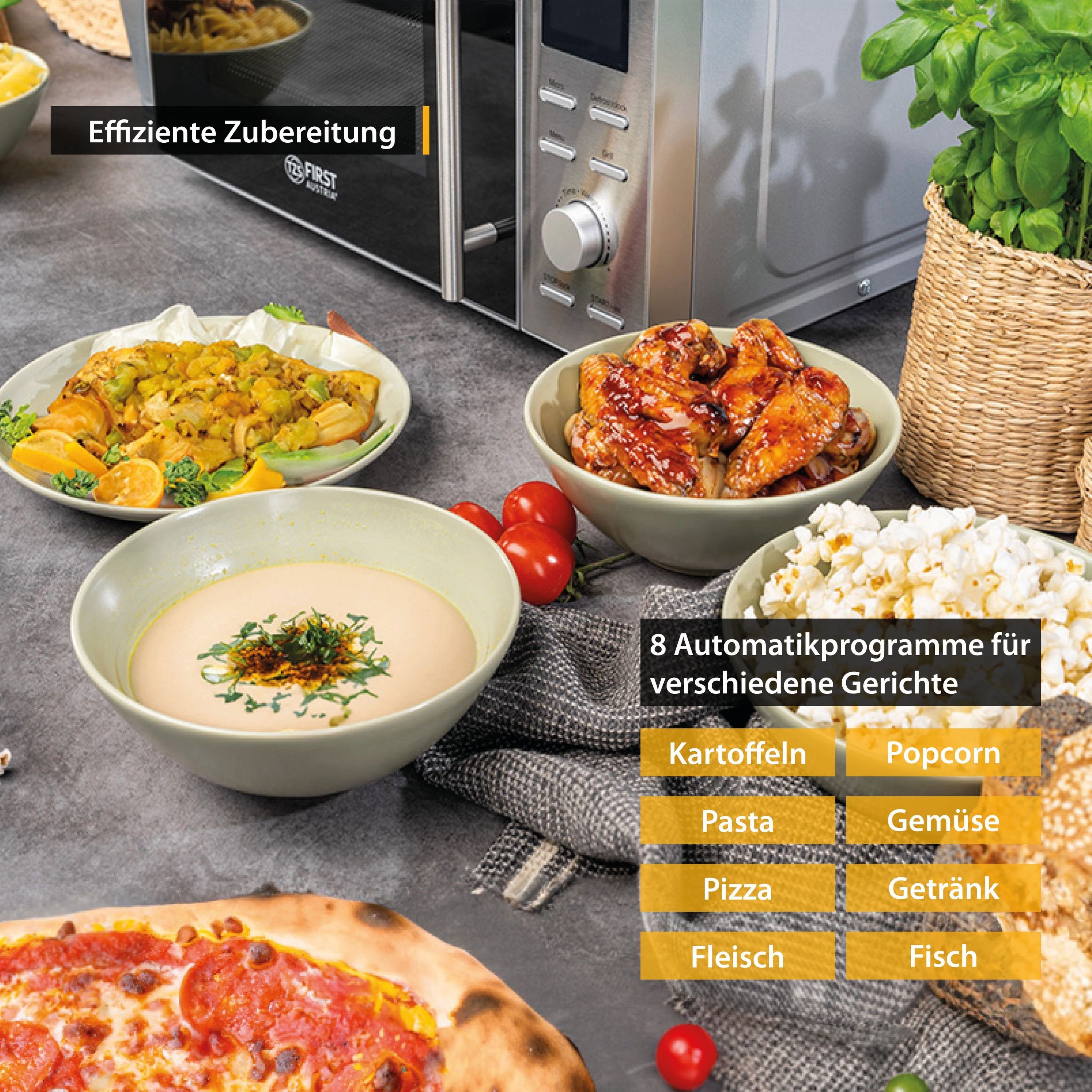TZS FIRST AUSTRIA Mikrowelle mit Grillfunktion, 20L, Edelstahl, Schnellstart, 1100W, Mikrowelle mit Grill / Solo Betrieb, 14 l, 8 Automatikprogramme, Kindersicherung, 2in1 Mikrowelle
