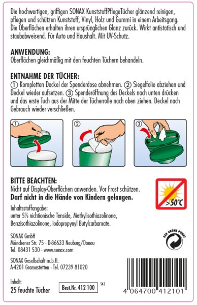 SONAX 412100 KunststoffPflegeTücher glänzend Box 25 Stück - ATU
