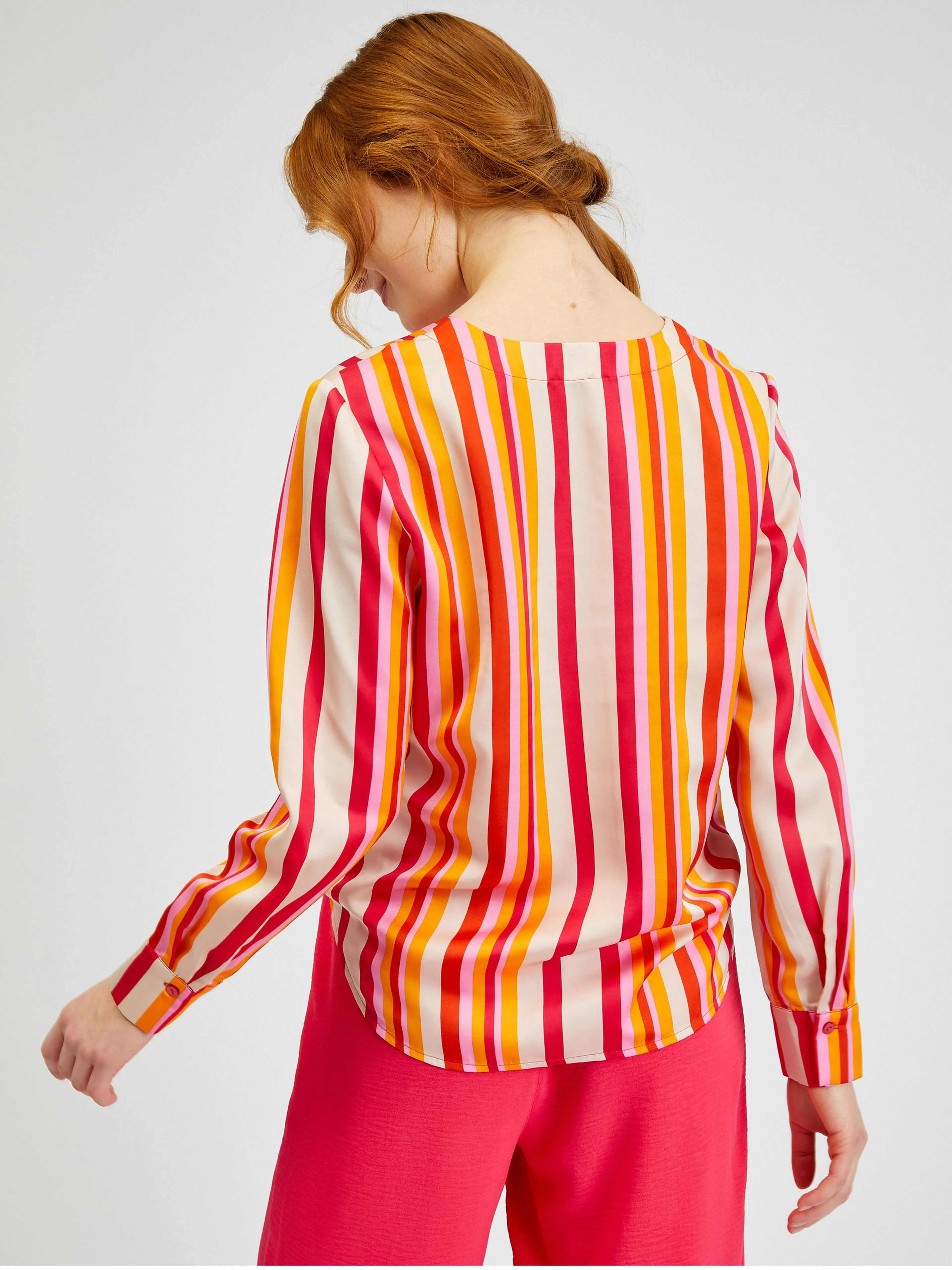 Rosa und orange gestreifte Damen-Satinbluse ORSAY