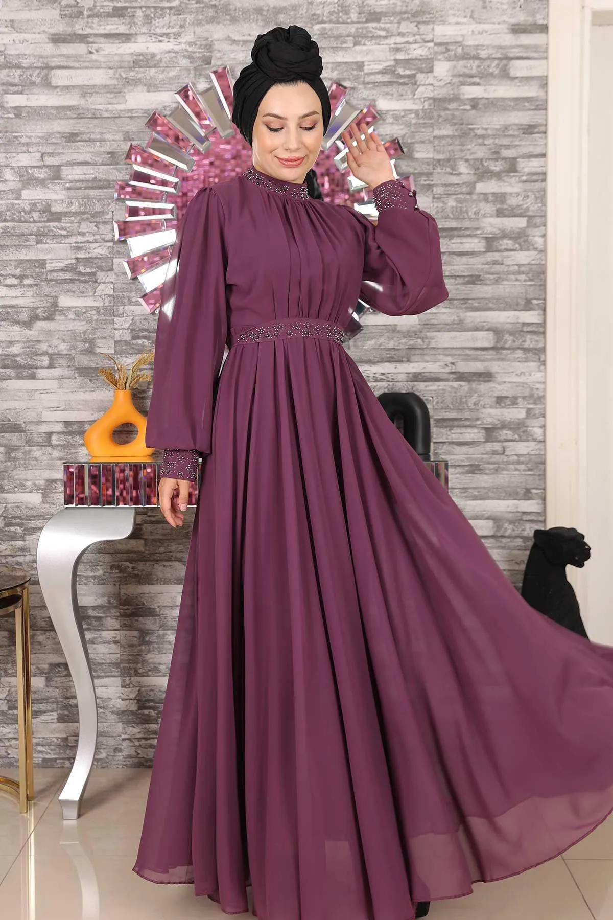 Modamihram  Steindetailliertes Chiffon-Abendkleid Pflaume 19109