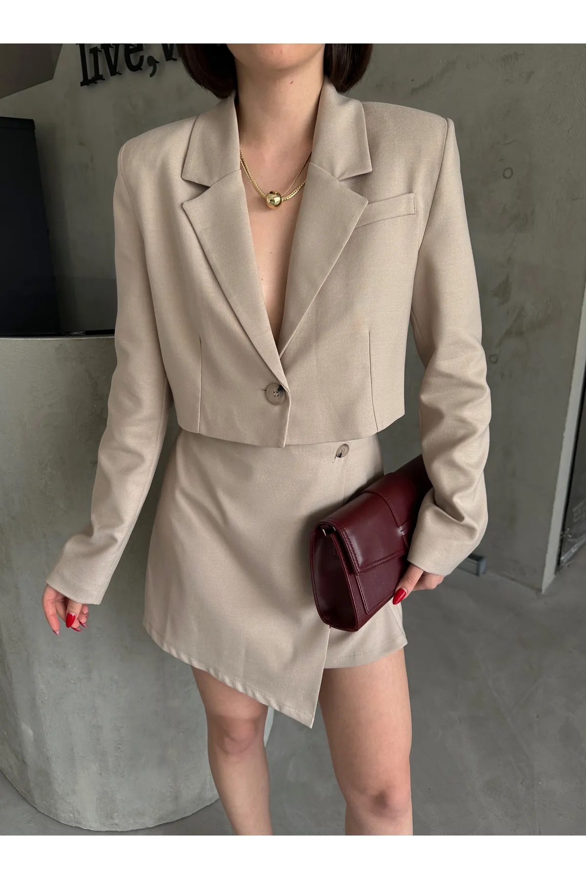 Laluvia  Steinfarbenes Polyviscon-Rock-Set mit kurzer Jacke