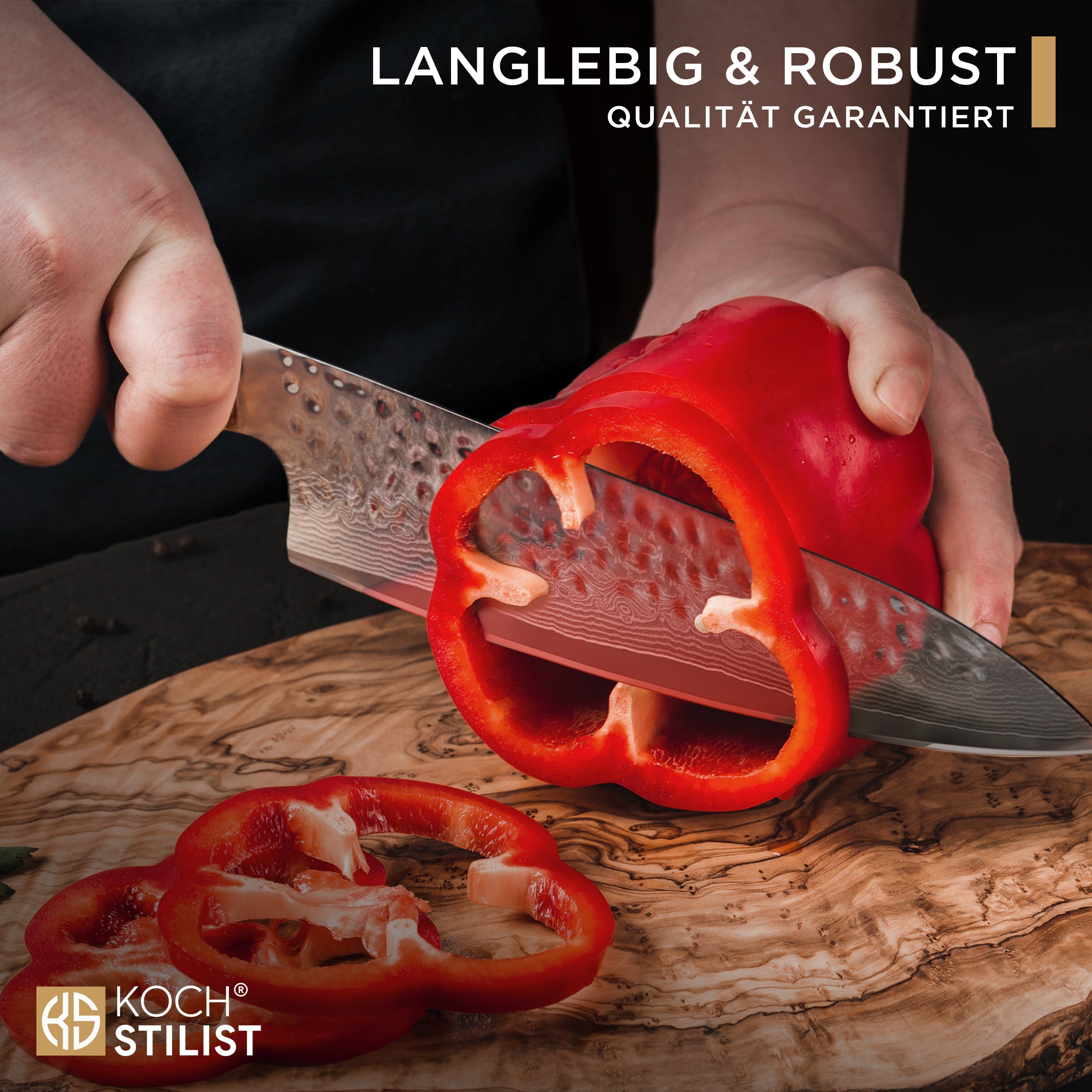 KOCHSTILIST by Kris Wu Damastmesser scharf, 20 cm - Messer, Damast, Chef, Japan, Kochmesser, Küchenmesser, Damaszener Stahl (67-Lagen)