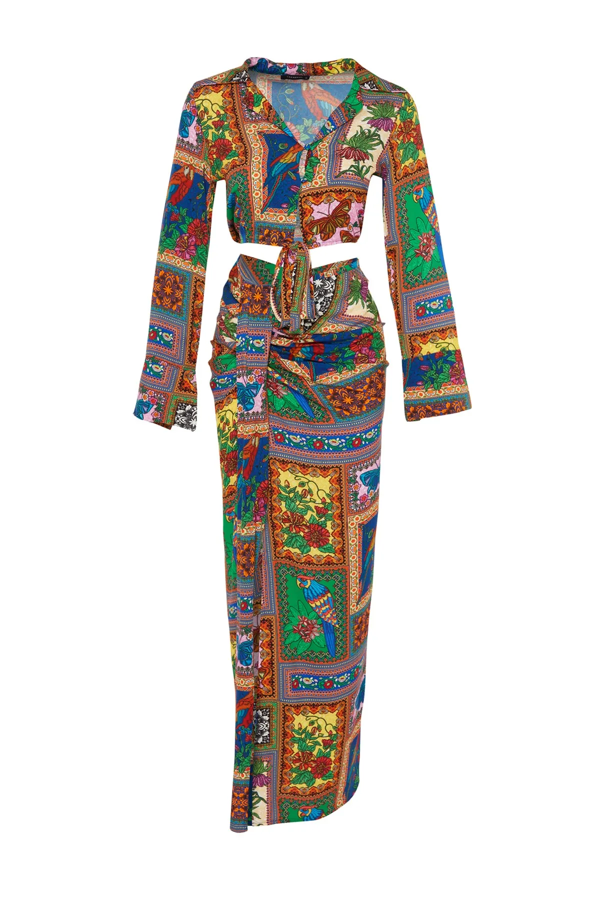 Trendyol Collection  Gewebtes Blusen-Rock-Set mit tropischem Muster und Schlitz TBESS23AU00059