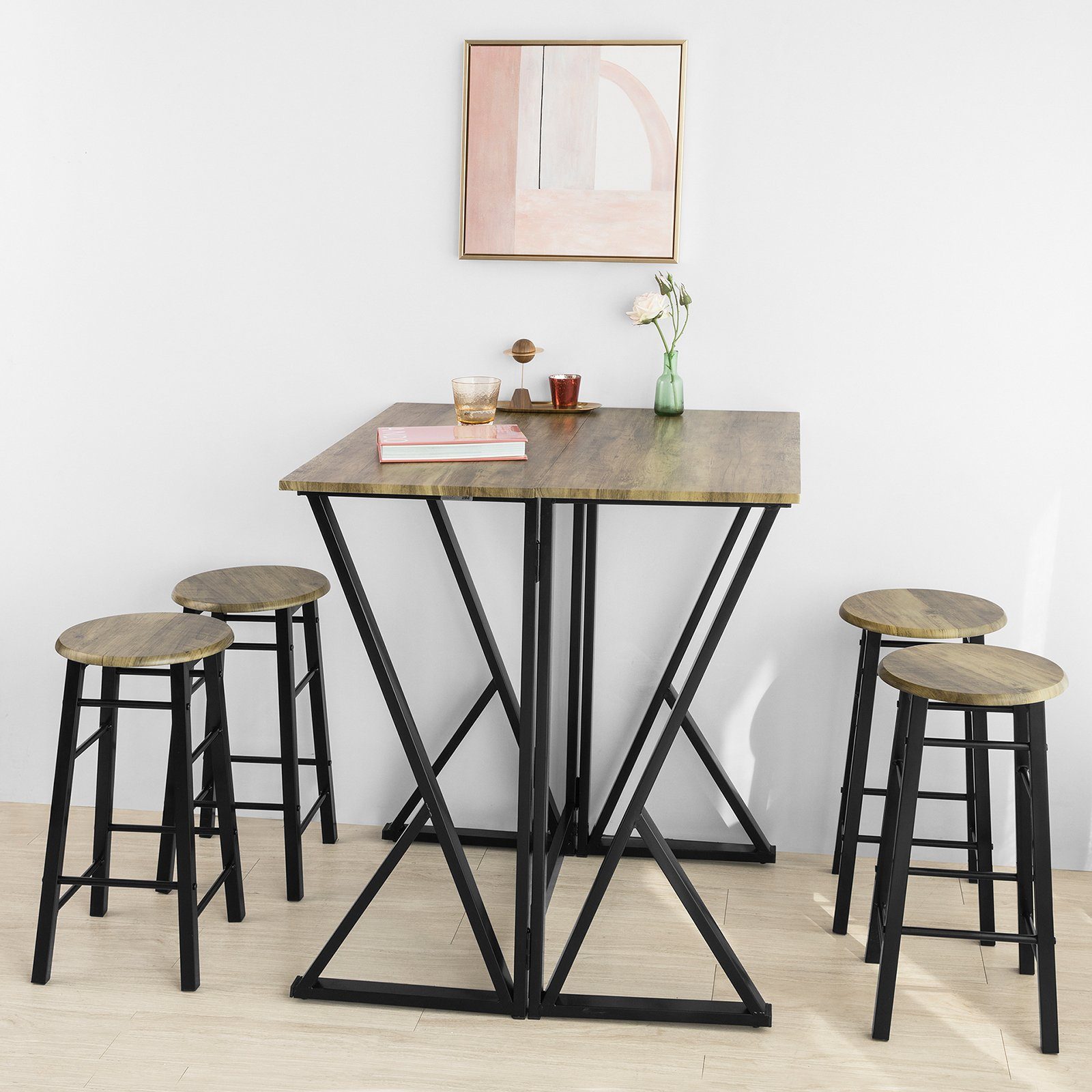 SoBuy Essgruppe OGT24, (5-tlg), 5-teilige Essgruppe Esstisch mit 4 Stühlen Klapptisch Esszimmer Sitzgruppe Küche Küchentisch Holztisch klappbar im Industrial-Look