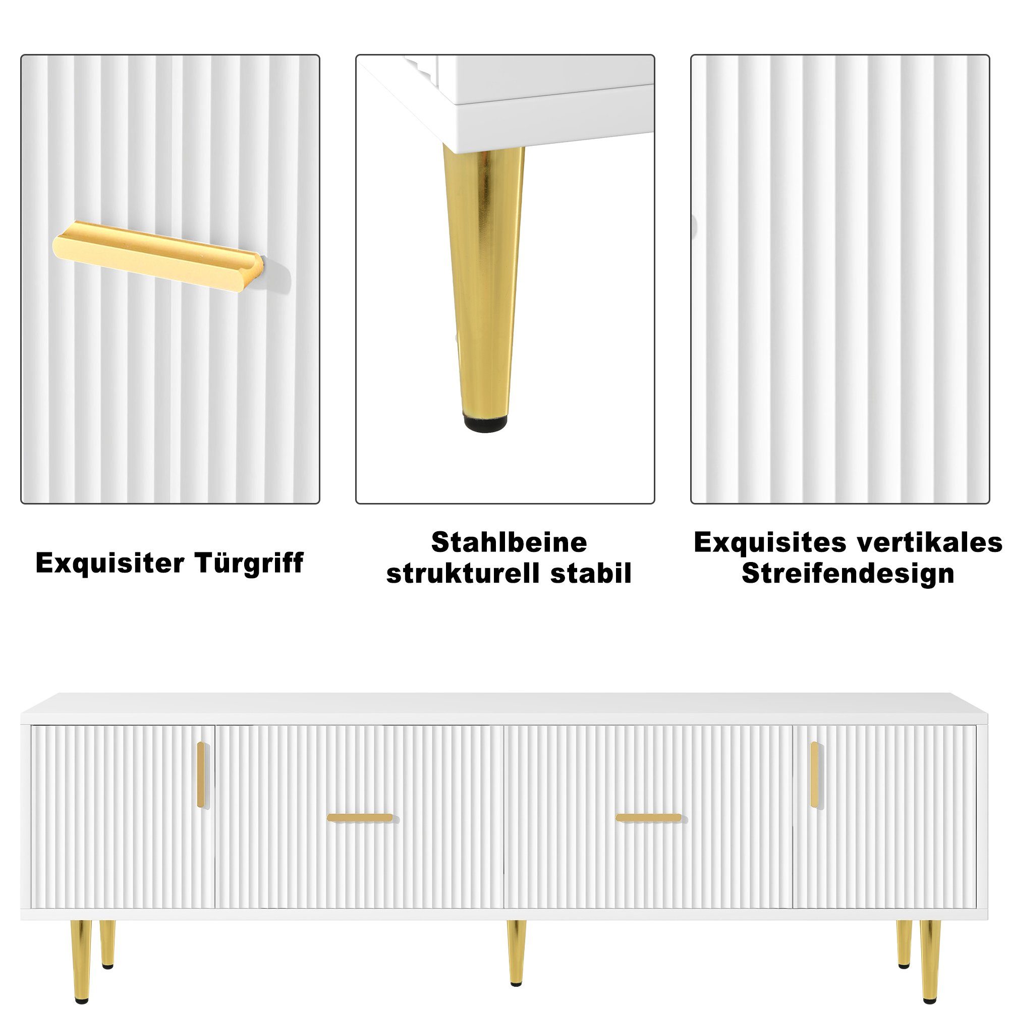 Merax Lowboard mit goldenen Füße und Griffe aus Metall, TV-Schrank mit 2 Schubladen und 2 Türen, Fernsehtisch, Breite: 170cm