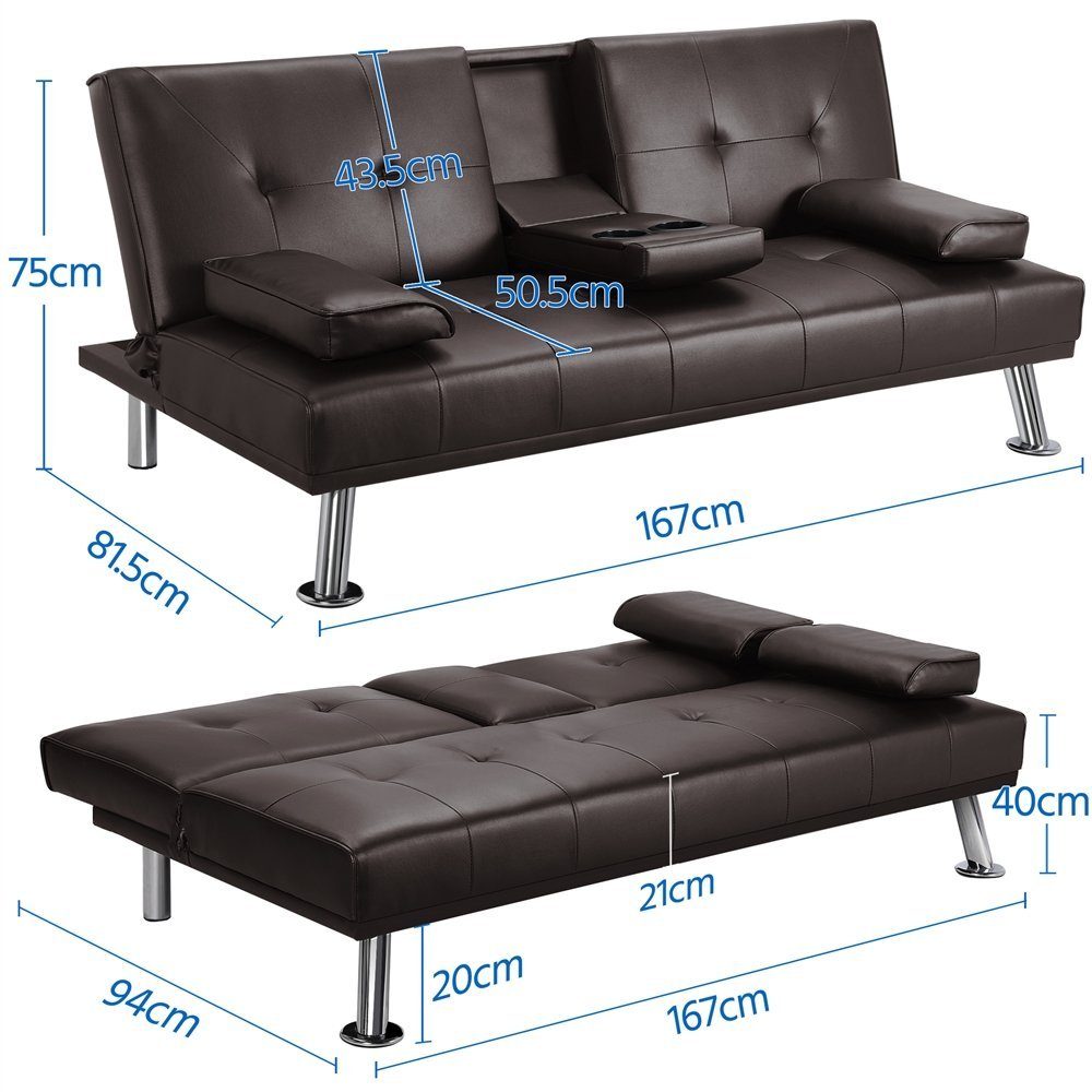 Yaheetech Schlafsofa 3er-Sofa Bettsofa Couch mit Tassenhalter Gästebett 167 x 81,5 x 75 cm, Rückenlehne neigbar 105°/140°/180°, 350 KG belastbar