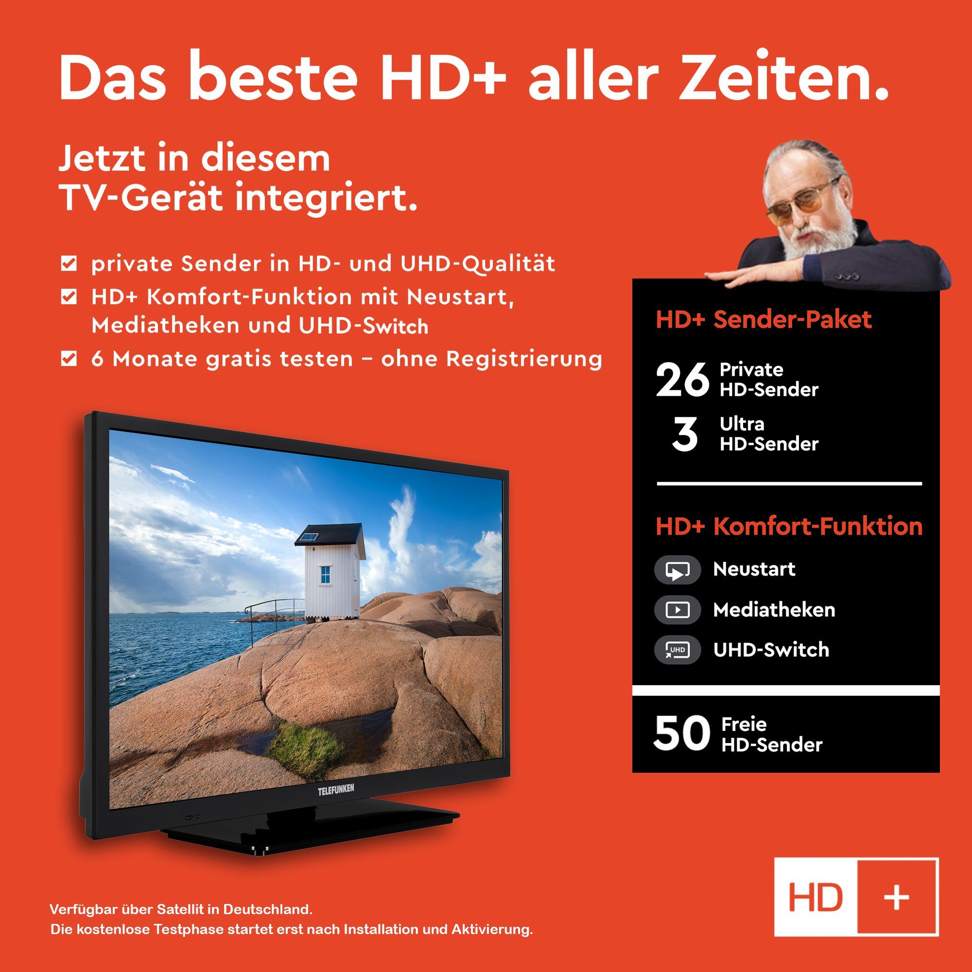 Telefunken XH24SN550MVD LCD-LED Fernseher (60 cm/24 Zoll, HD-ready, Smart TV, 12 Volt Anschluss, Triple-Tuner, DVD-Player, 6 Monate HD+ gratis)