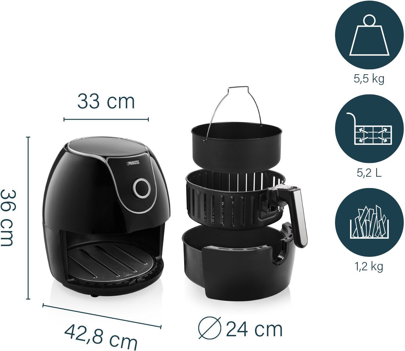 PRINCESS Heißluftfritteuse XXL 182055, 1700 W, digitales Display mit 8 Programmen, 5,2L