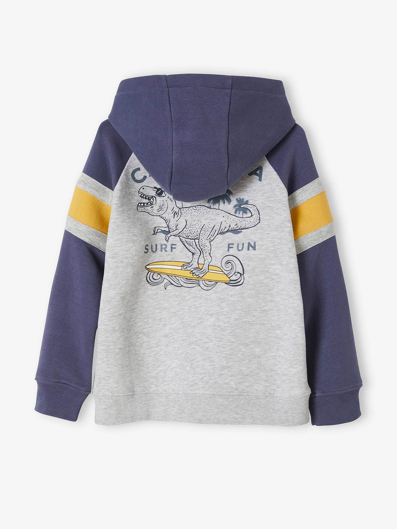 Sweat zippé à capuche grand motif dos garçon gris clair chiné