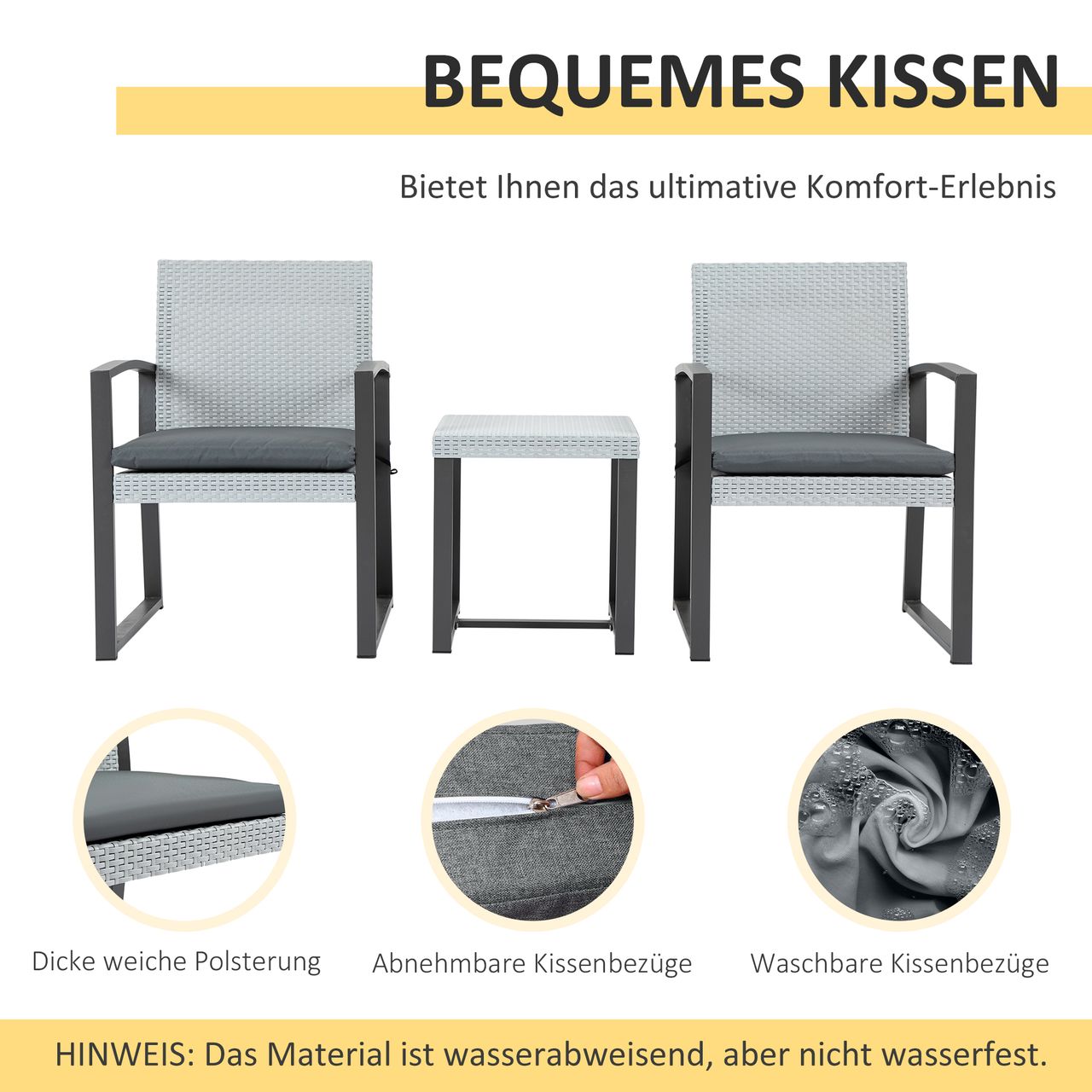 Outsunny Polyrattan Bistroset 3-tlg. Sitzgruppe Balkonmöbel Set Gartensitzgruppe mit Beistelltisch Gartenset Sitzgarnitur mit Sitzkissen Stahl Schwarz Grau