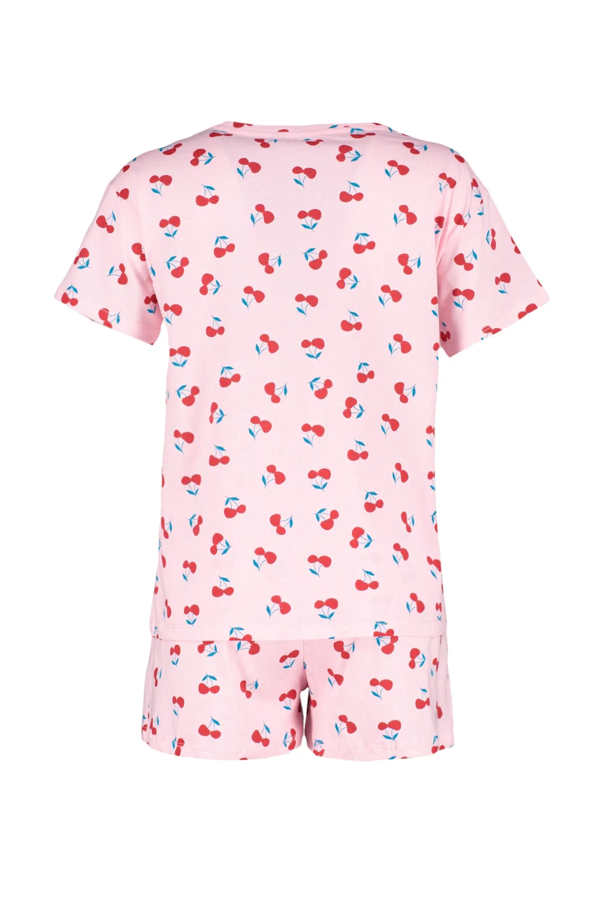 Trendyol Collection  Hellrosa gestricktes Pyjama-Set mit T-Shirt und Shorts aus 100 % Baumwolle mit Kirschmuster THMSS23PT00013