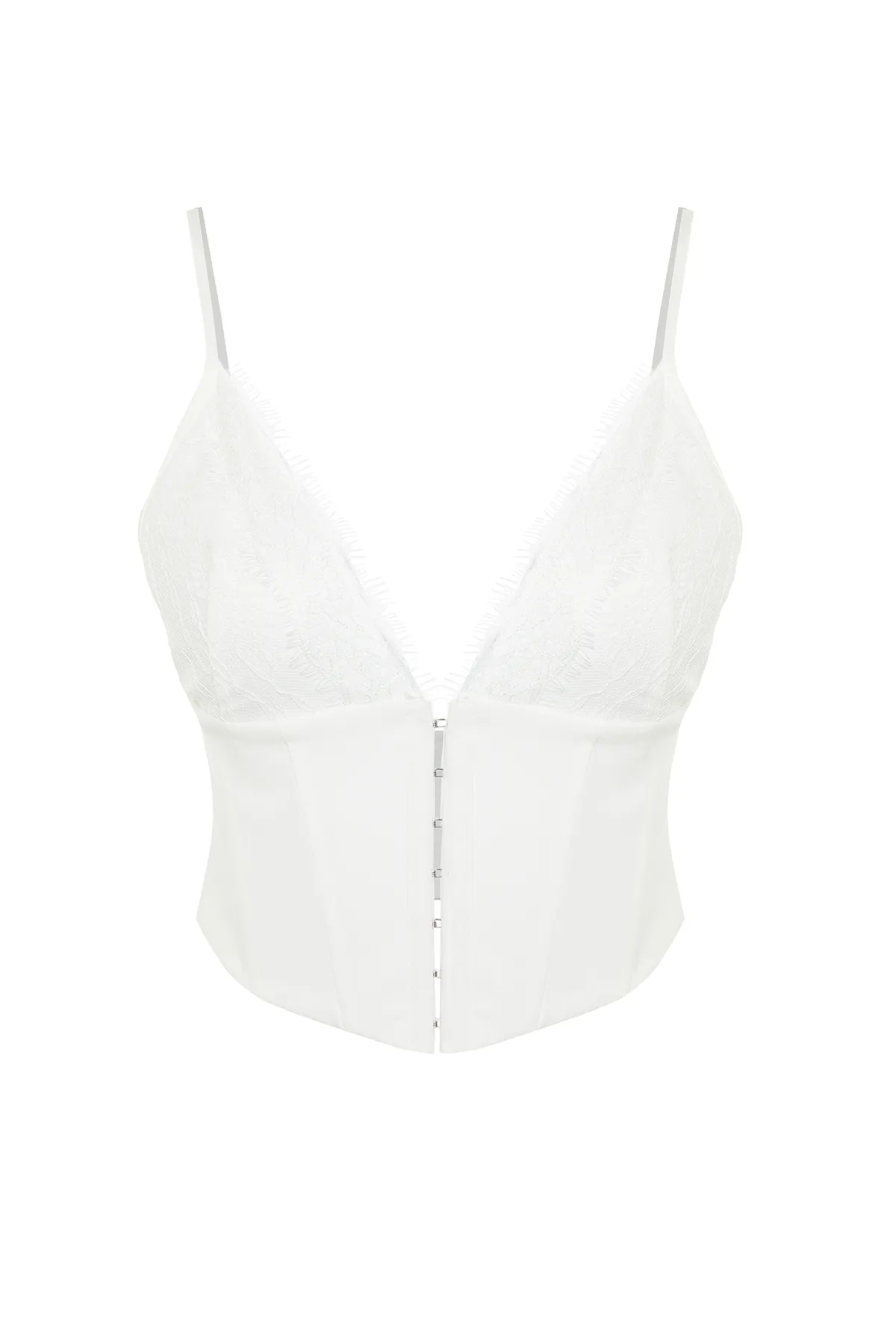 Trendyol Collection  Weißes, kurzes Bustier aus gewebter, agraphierter Spitze mit Futter für die Braut TPRAW23BS00045