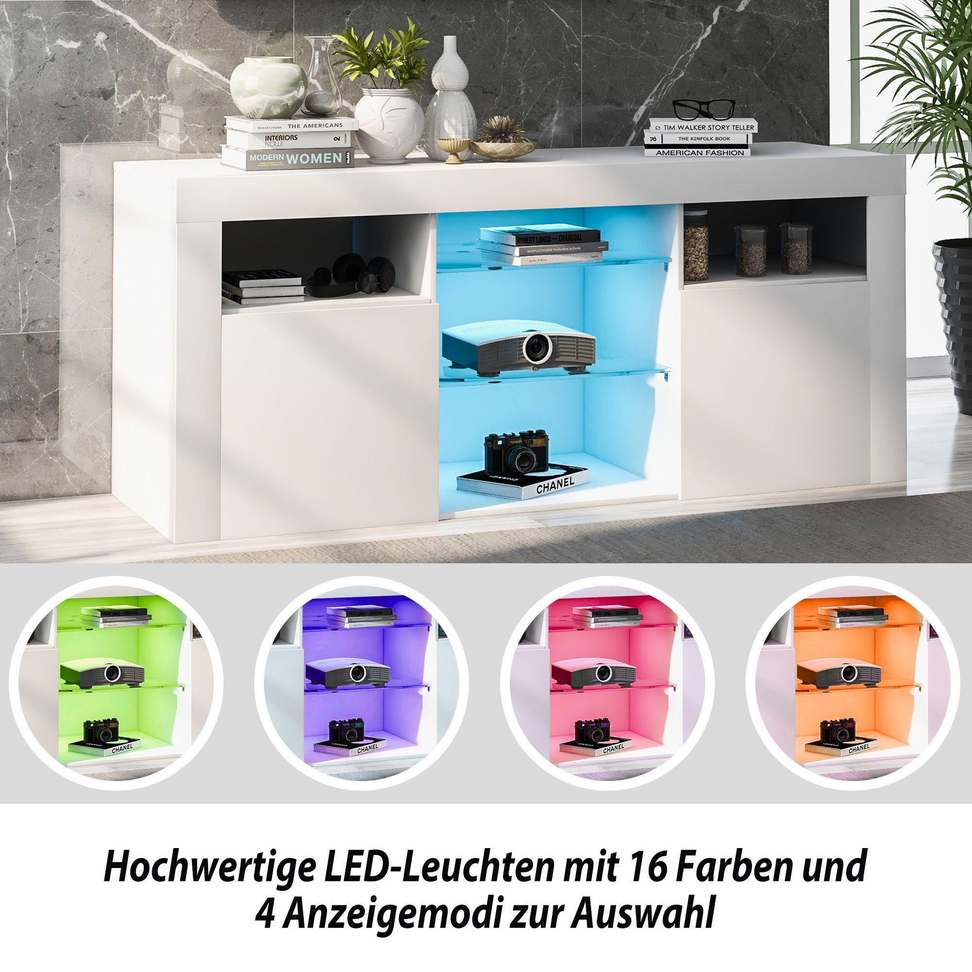 HAUSS SPLOE TV-Schrank LED-TV-Schrank TV-Tisch Beistellschrank Sideboard (Hochglanz-TV-Schrank Einstellbares LED-System, weiß 120*35*50cm Multifunktionale Aufbewahrung) TV-Möbel für bis zu 55 Zoll Fernseher, 16-farbige LED-Beleuchtung