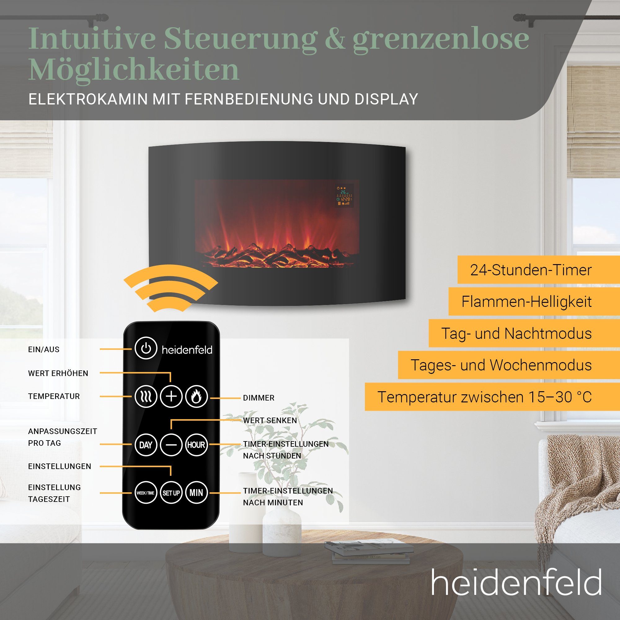 Heidenfeld Elektrokamin Kamin Heizung Wandkamin HF-WK100 1000-2000 Watt inkl. 3 Jahre Garantie, 3D Flammen - 5 Stufen Helligkeit - Fernbedienung - Elektroheizung