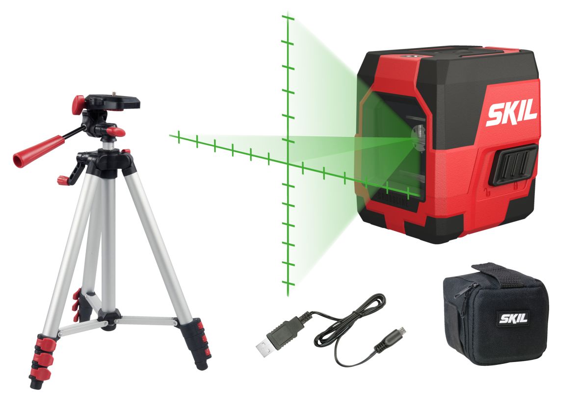 SKIL MT1E1911DA Grøn selvnivellerende krydslinjelaser + stativ og USB-opladerkabel
