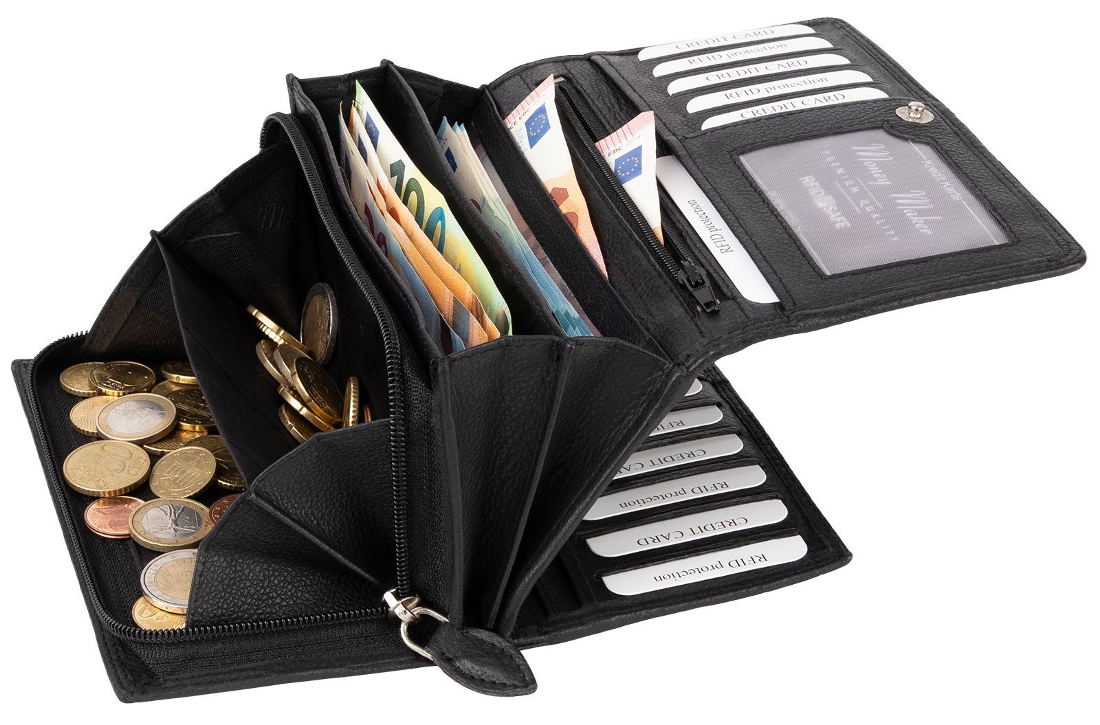 Money Maker Kellnerbörse RFID Damen Geldbörse Portemonnaie Geldbeutel Damenbörse Leder 14 Karte, Damen Geldbörse klappbar mit Drückknopf Portemonnaie Geldbeutel